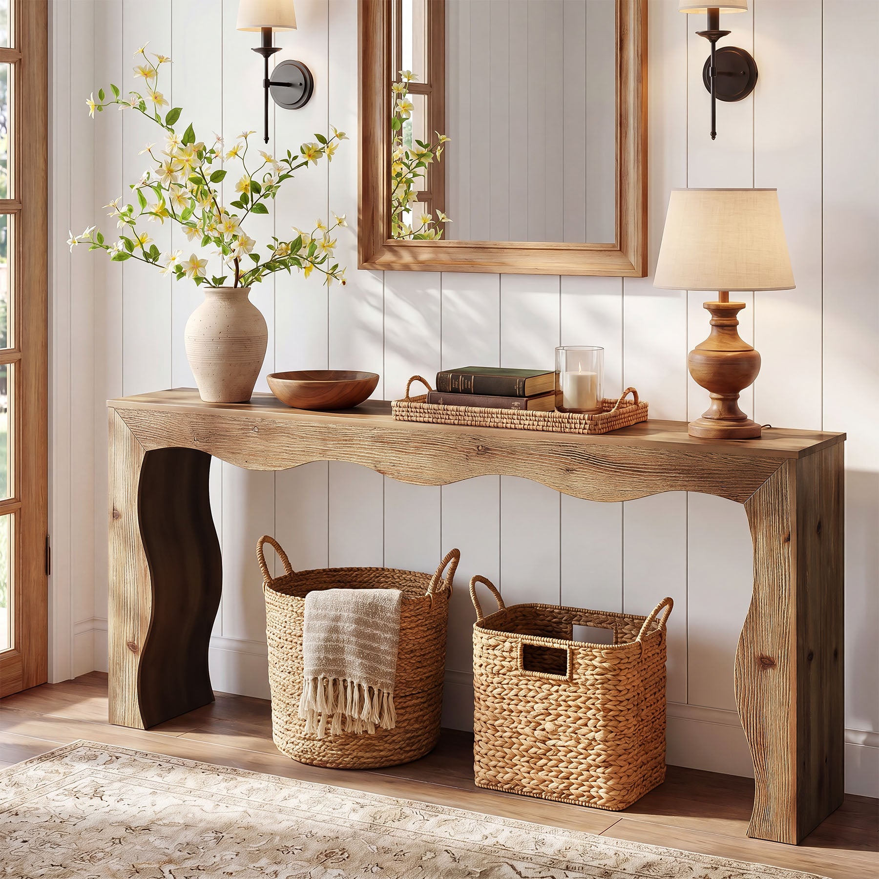 63" Solid Wood Console Table, Farmhouse Entryway Sofa Table with Wavy Edge