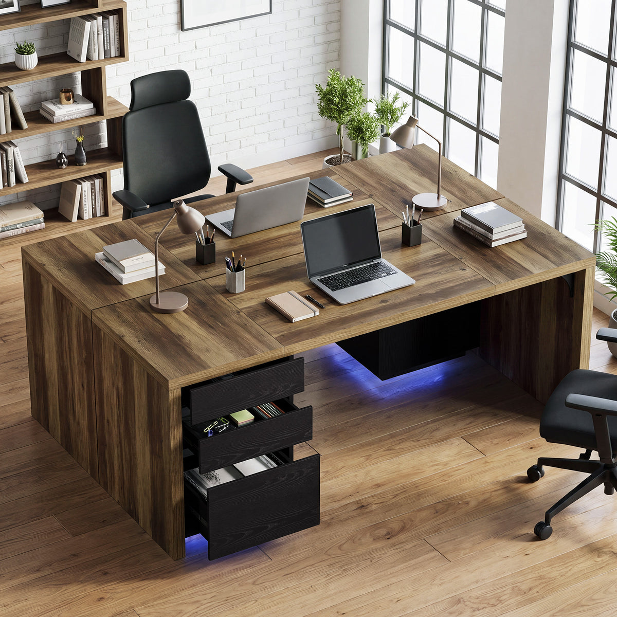 79" Modern Executive Desk with 3 Drawers & RGB Lights, Double Computer Desk