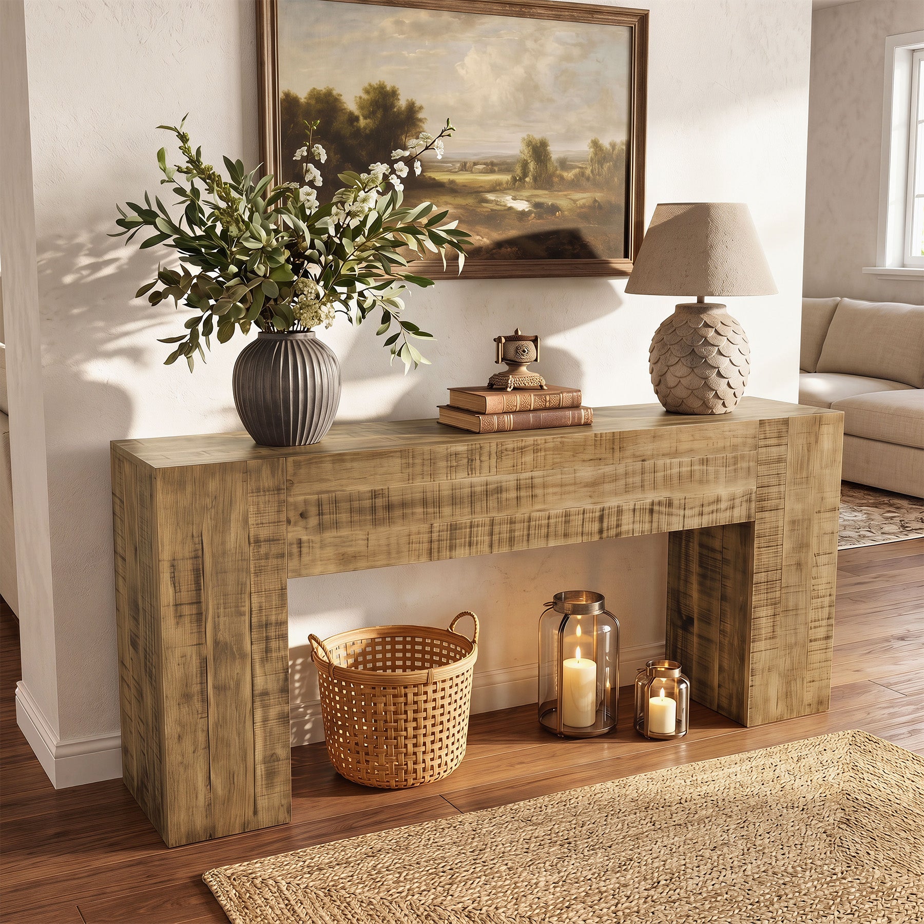Solid Wood Console Table, 63" Farmhouse Sofa Table Behind Couch for Entryway