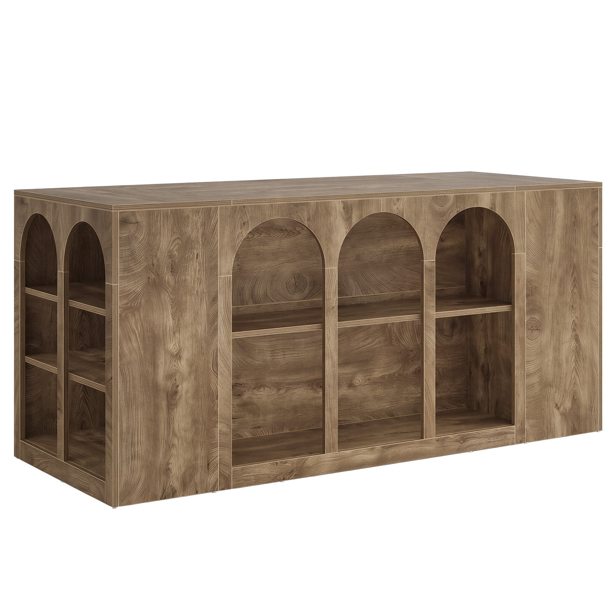 79" Kitchen Island Table with Seating Space, Farmhouse Arched Open Storage Shelves
