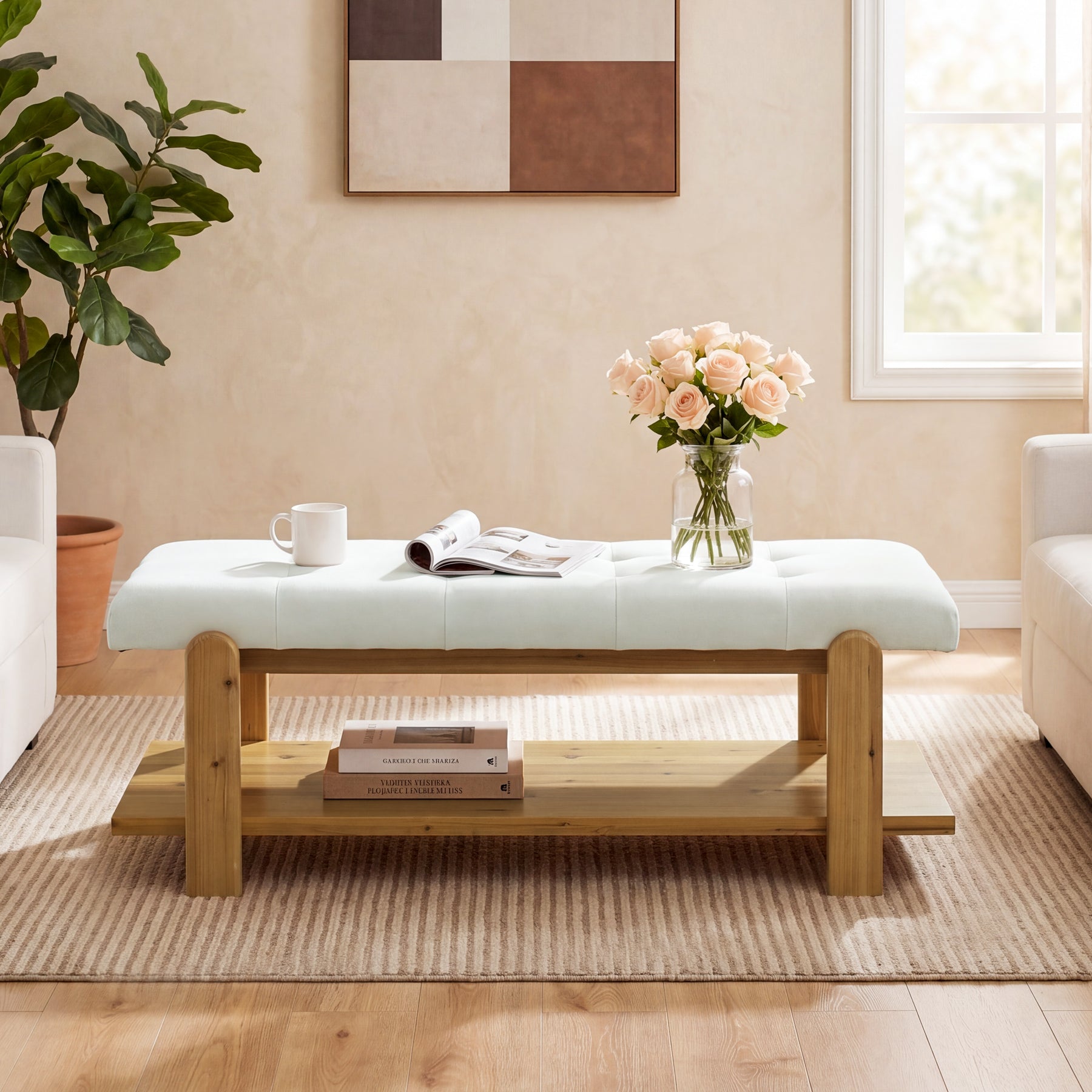 47.24" Ottoman Coffee Table, Rectangle Large Footrest Ottoman with Solid Frame and Storage Shelf