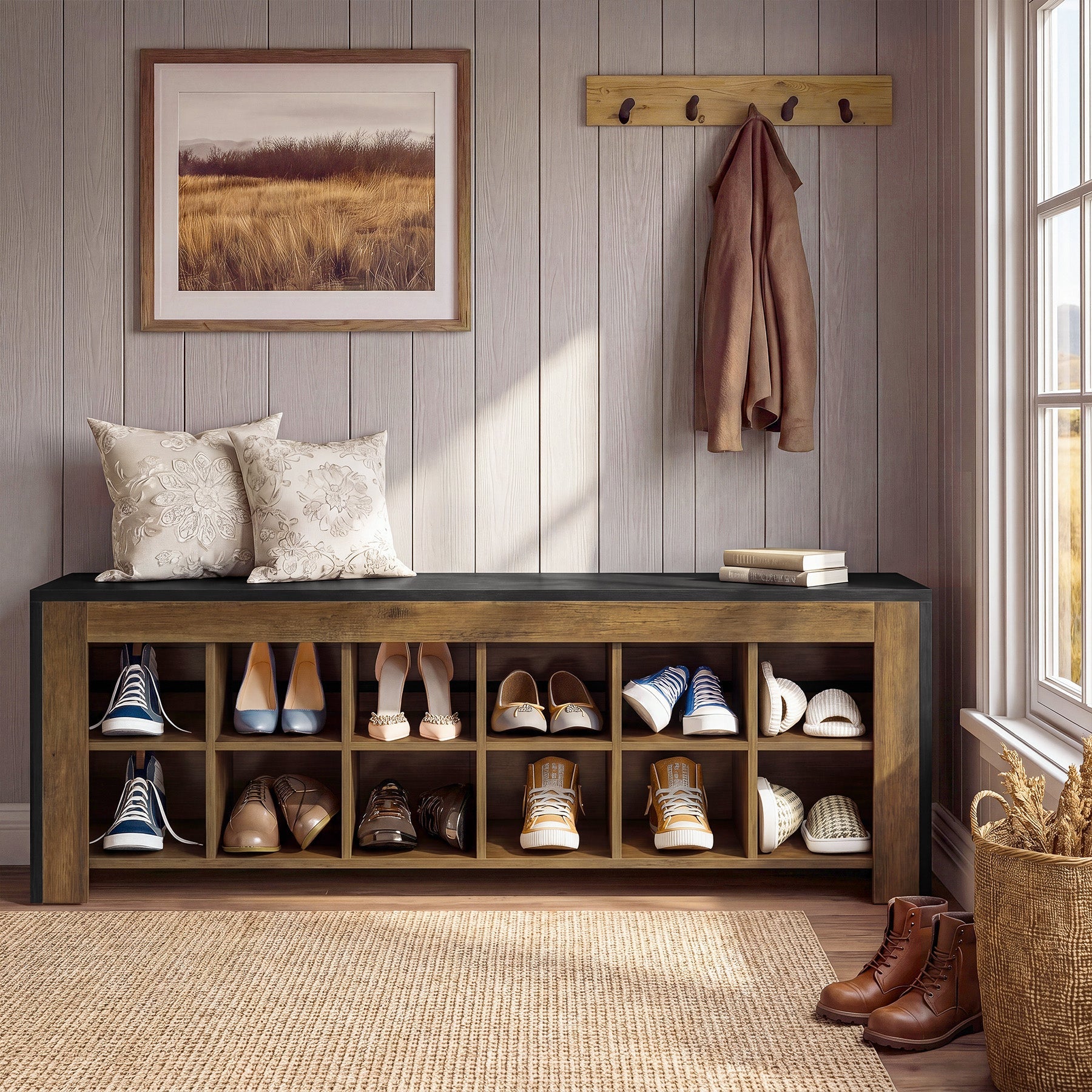 48" Farmhouse Entryway Bench, Shoe Storage Bench with 12 Cubbies for Hallway