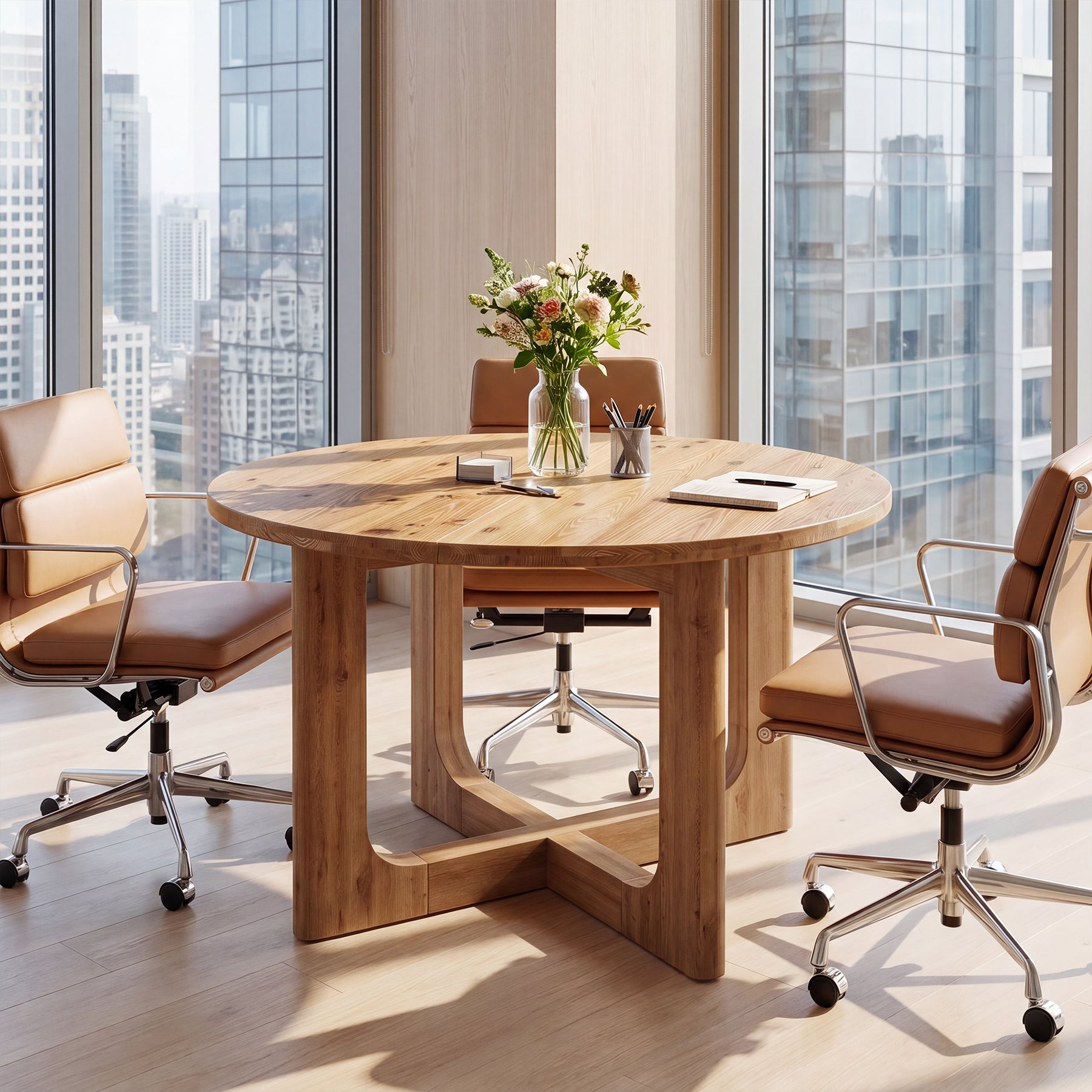 Round Solid Wood Conference Table, 39.4" Meeting Table with Cross Base for Office