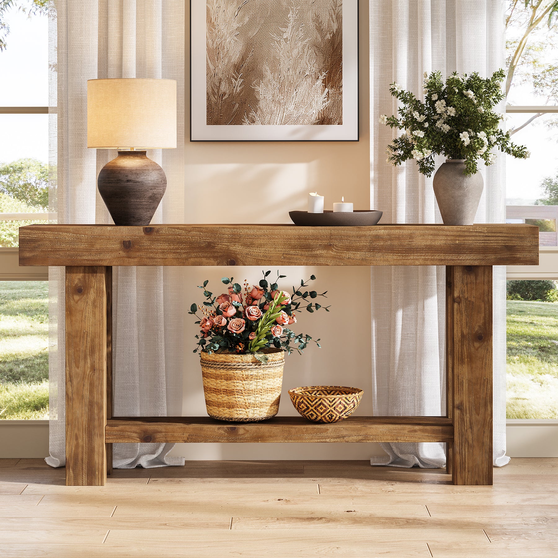 63" Solid Wood Console Table, 2-Tier Narrow Entryway Sofa Table