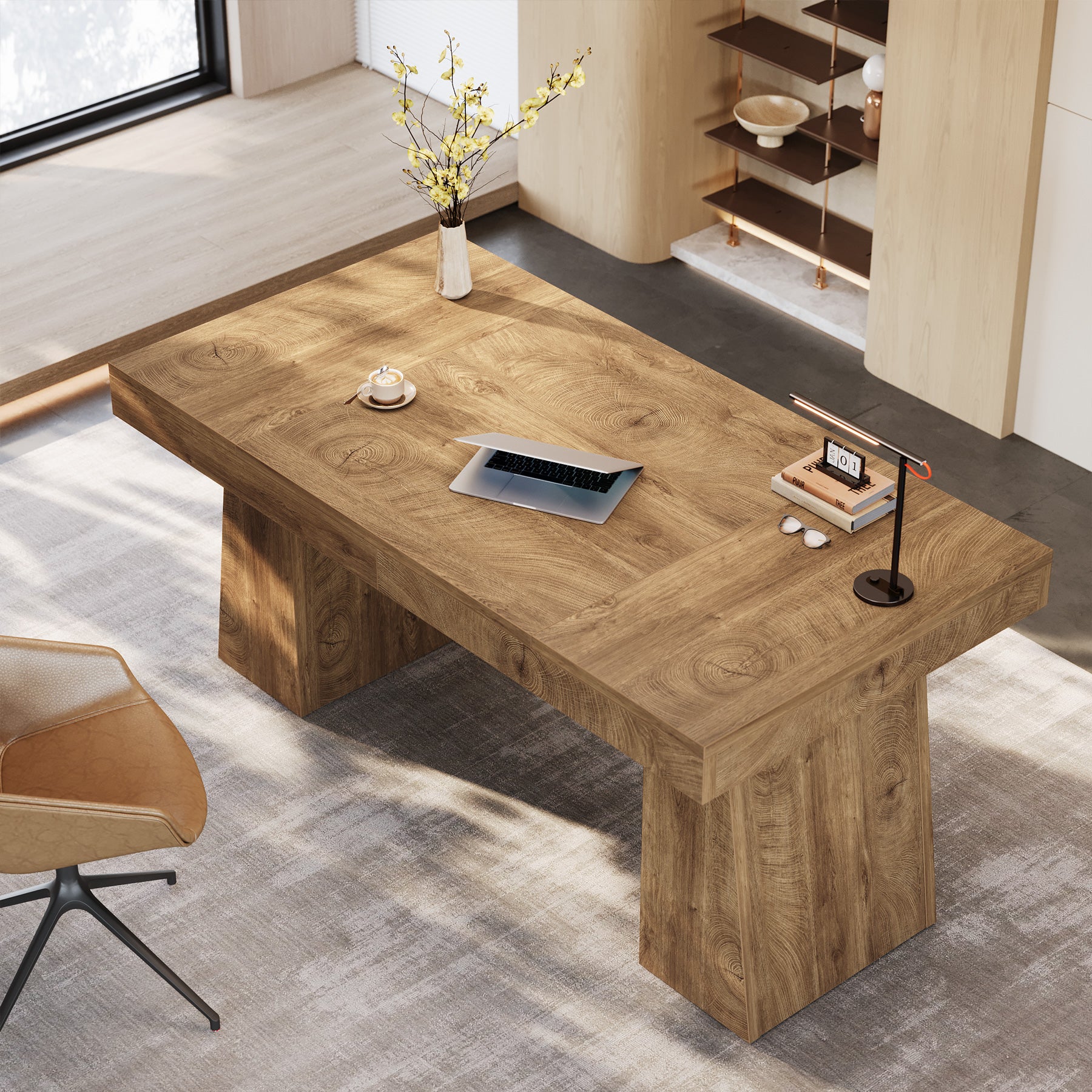 55" Executive Office Desk with Double Trapezoid Base, Modern Wooden Computer Desk for Home Office