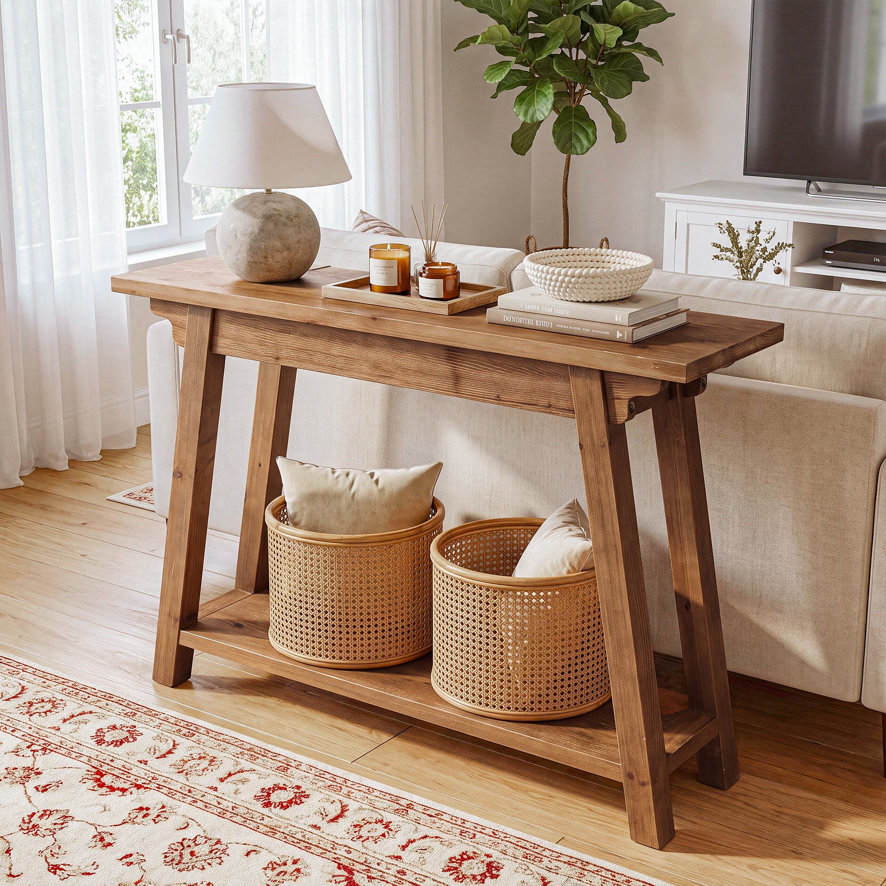 41.3" Solid Wood Console Table, 2-Tier Farmhouse Entryway Table with Stable A-Frame