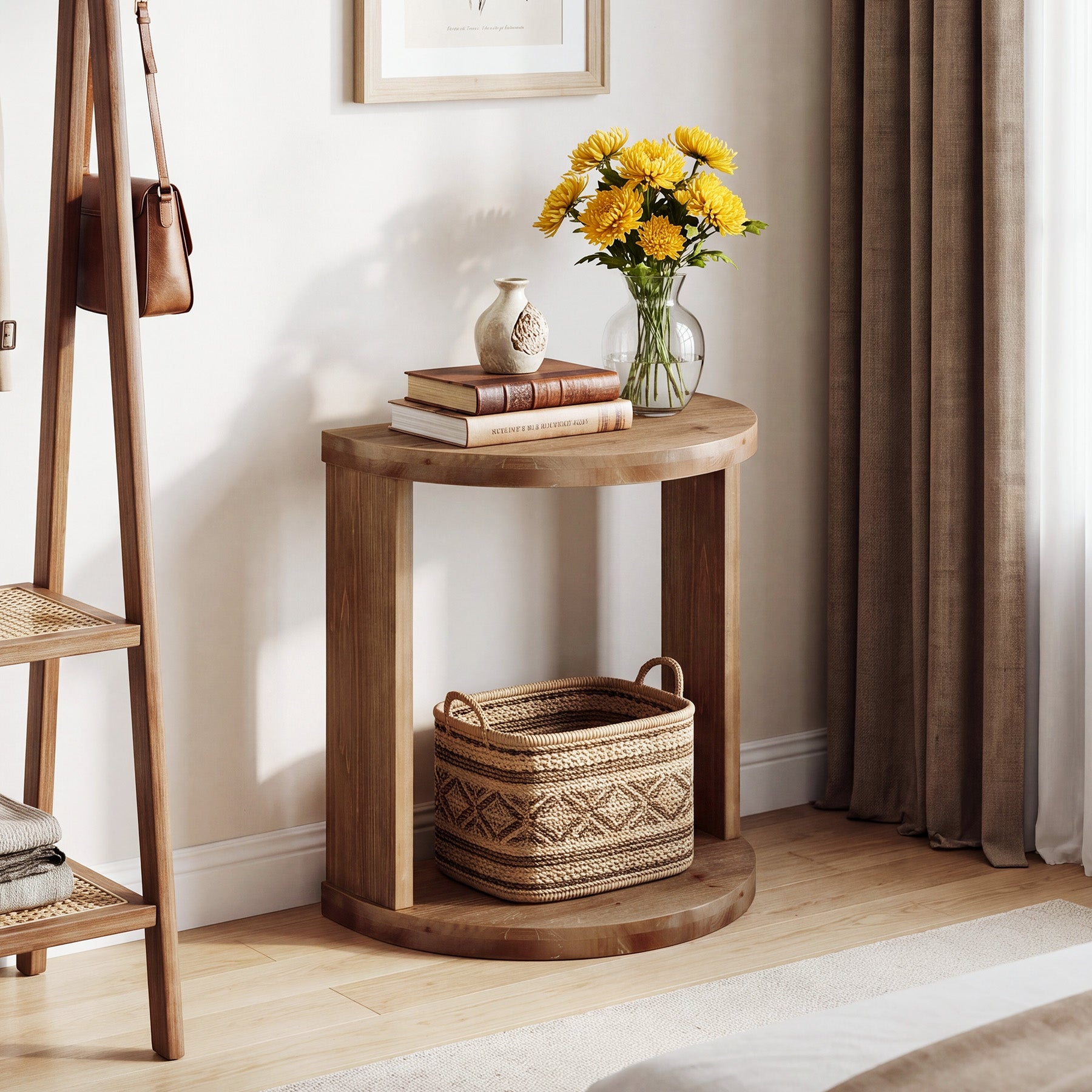Half Moon Nightstand, Solid Wood Farmhouse Bedside Table with 2-Tier Storage Shelves, Bedroom Living Room