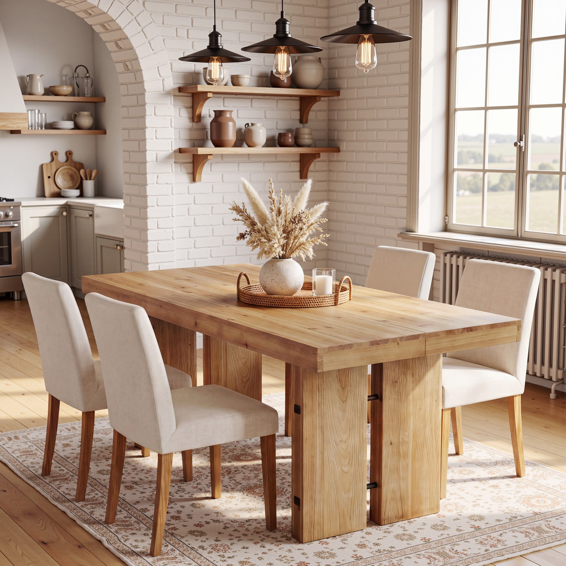63" Farmhouse Dining Table for 6, Solid Wood Rectangular Kitchen Table with Pedestal Base