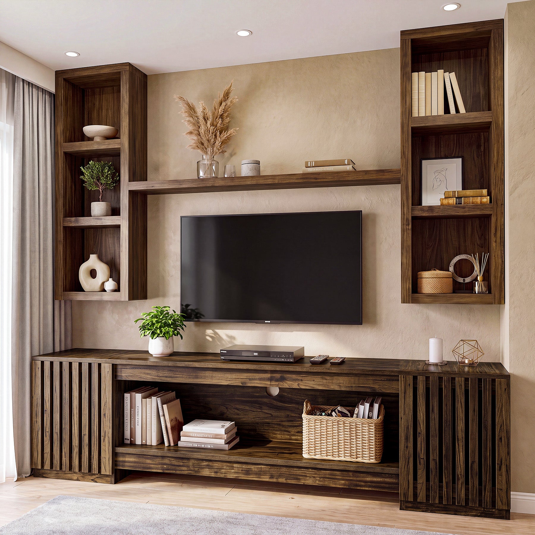 78" TV Stand for Up to 85" TVs, Farmhouse TV Console Table with Cabinets & Open Shelf