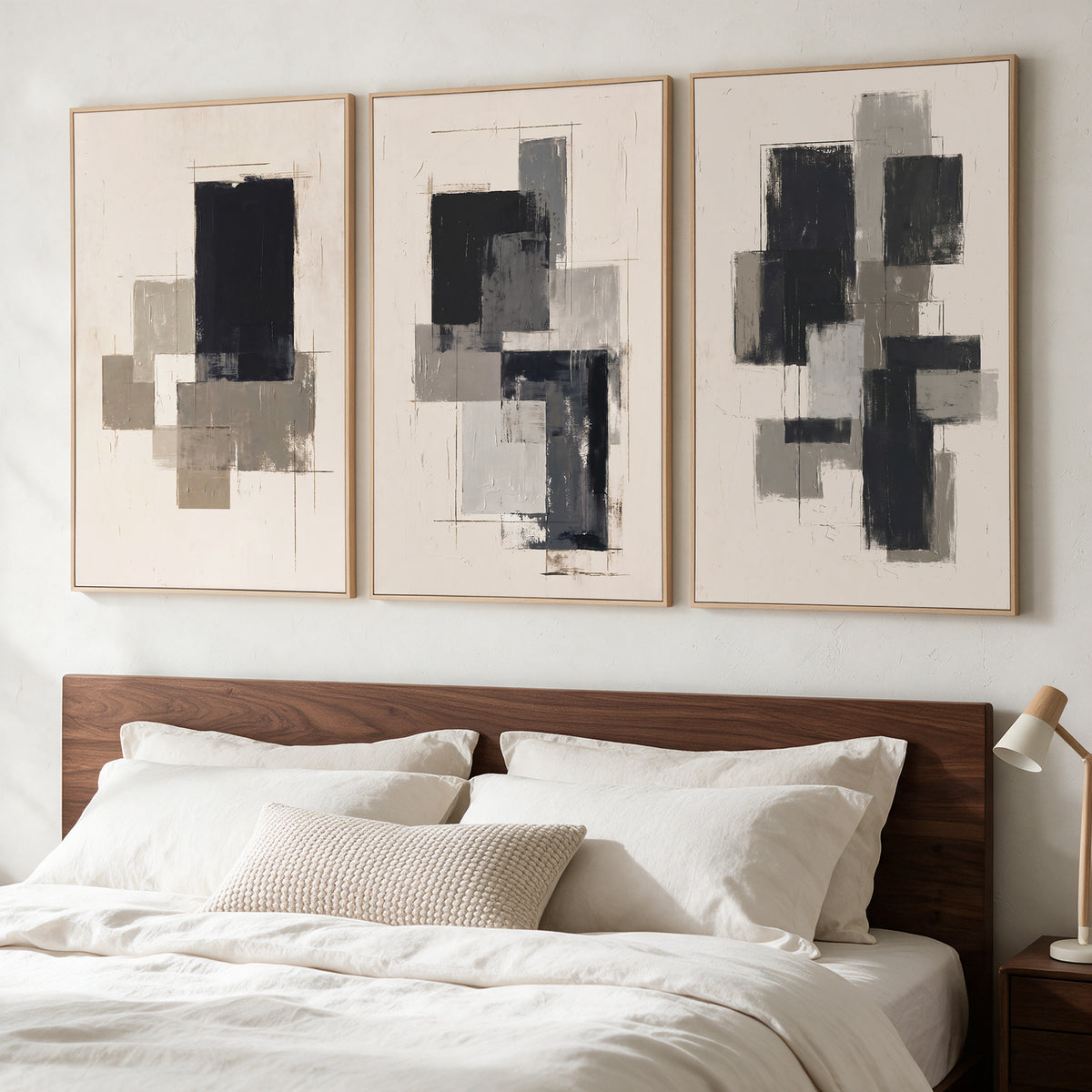 3-Piece 24x36" Modern Abstract Wall Art, Black Beige Framed Canvas Prints