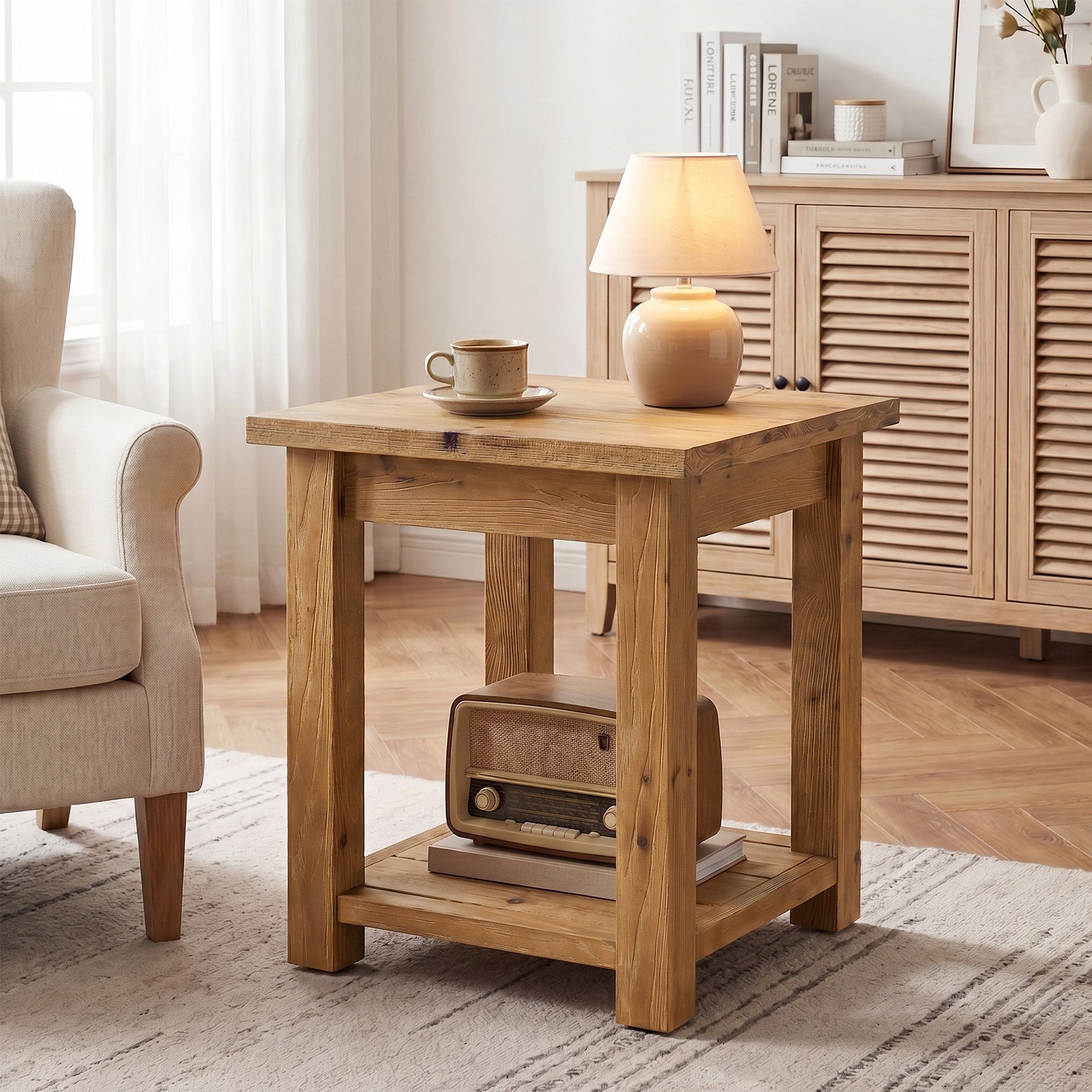 19.7" Solid Wood End Table, Square Side Table with Storage Shelves for Living Room