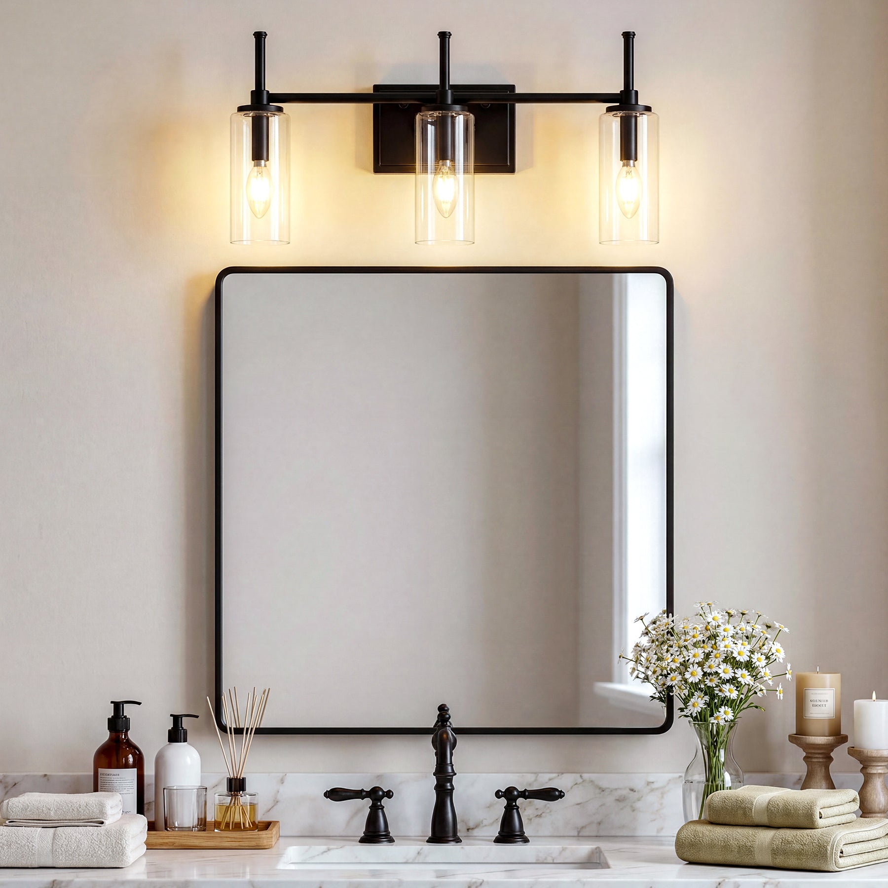 3-Light Vanity Light Fixture, Modern Bathroom Wall Sconce with Clear Glass Shades