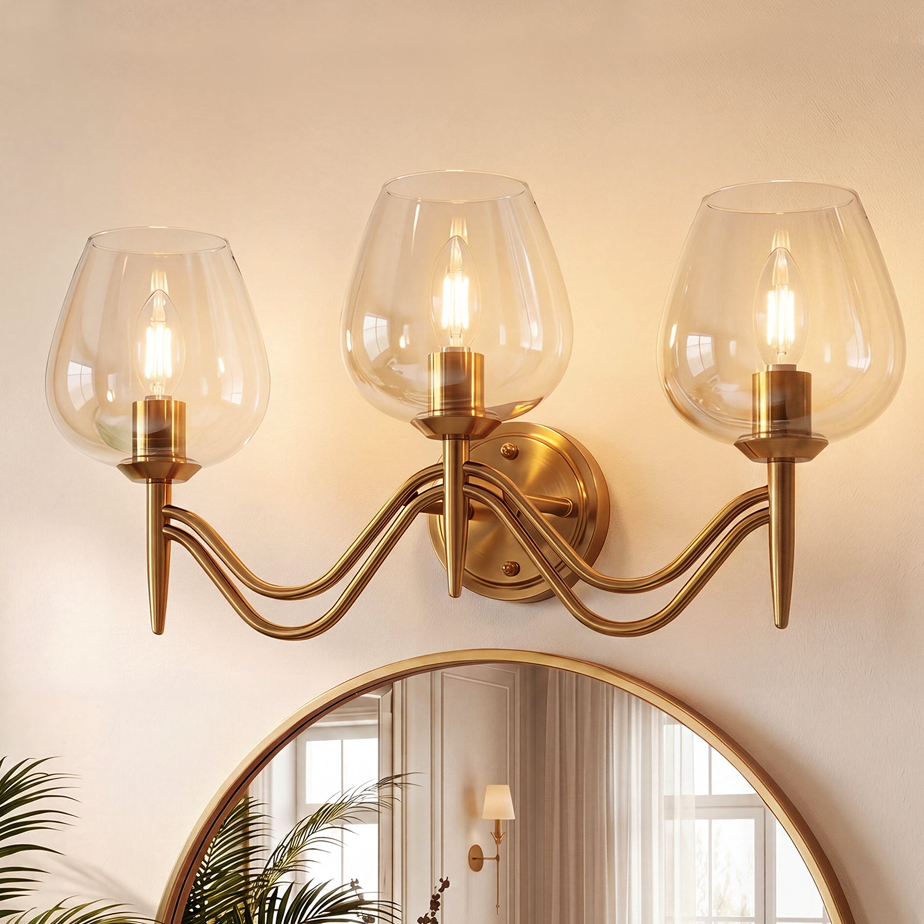 3-light Bathroom Vanity Light, Gold Metal & Clear Glass Wall Sconce With E12 Base