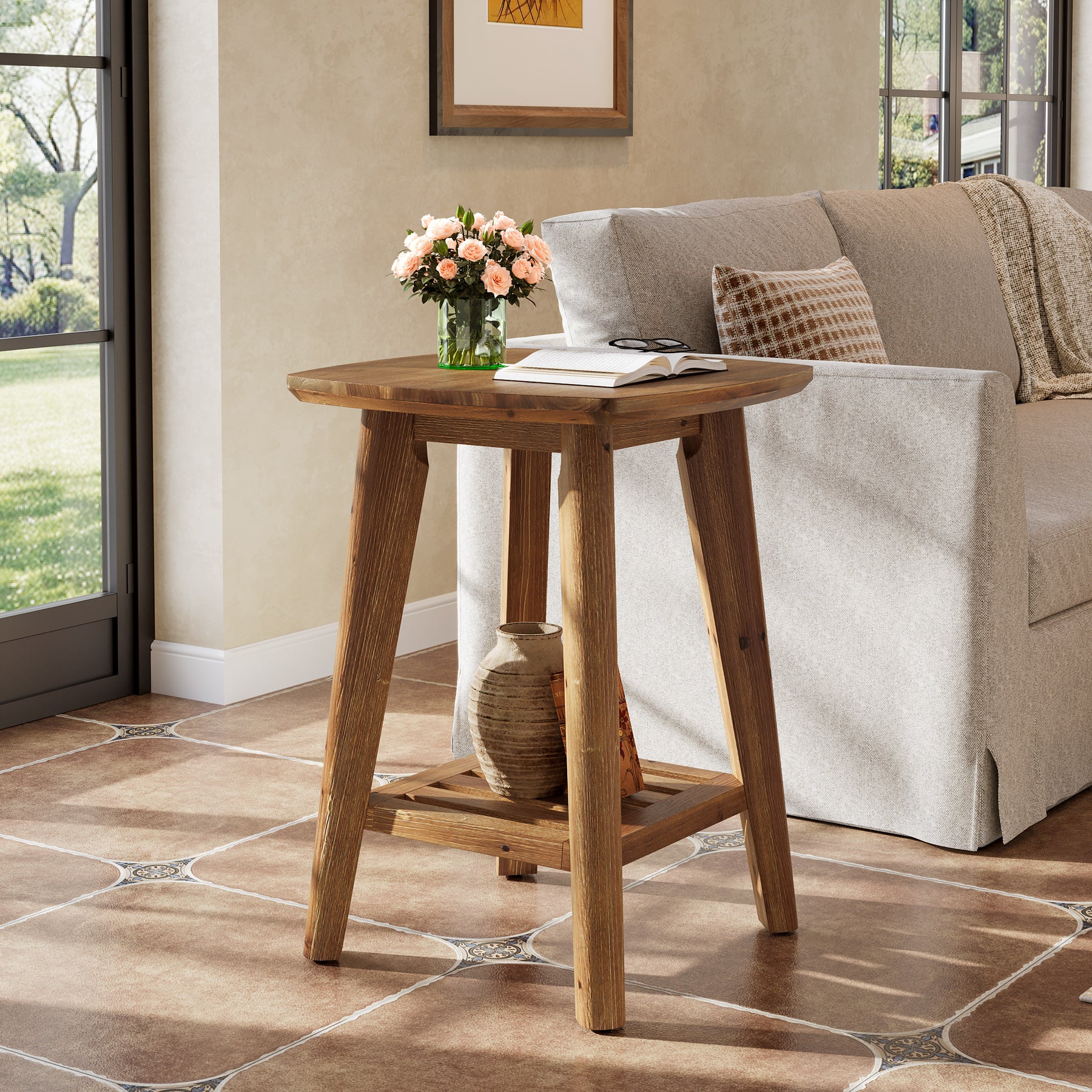 19.69" Square Side Table with 2-Tier Storage Shelf, Solid Wood End Table for Living Room and Sofa Side