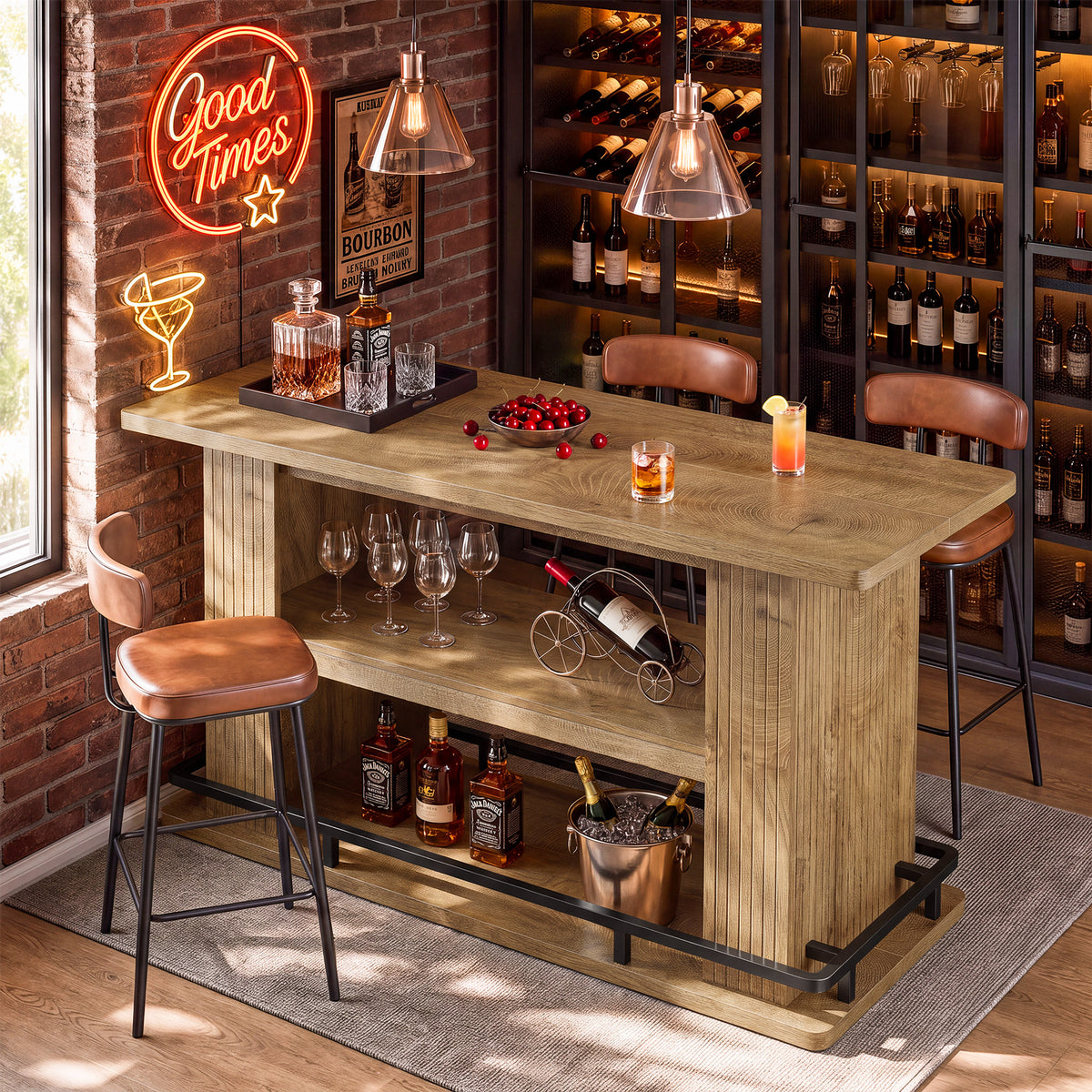 63" Bar Table, 3-Tier Counter Height Pub Table with Metal Footrest for Kitchen, Bistro