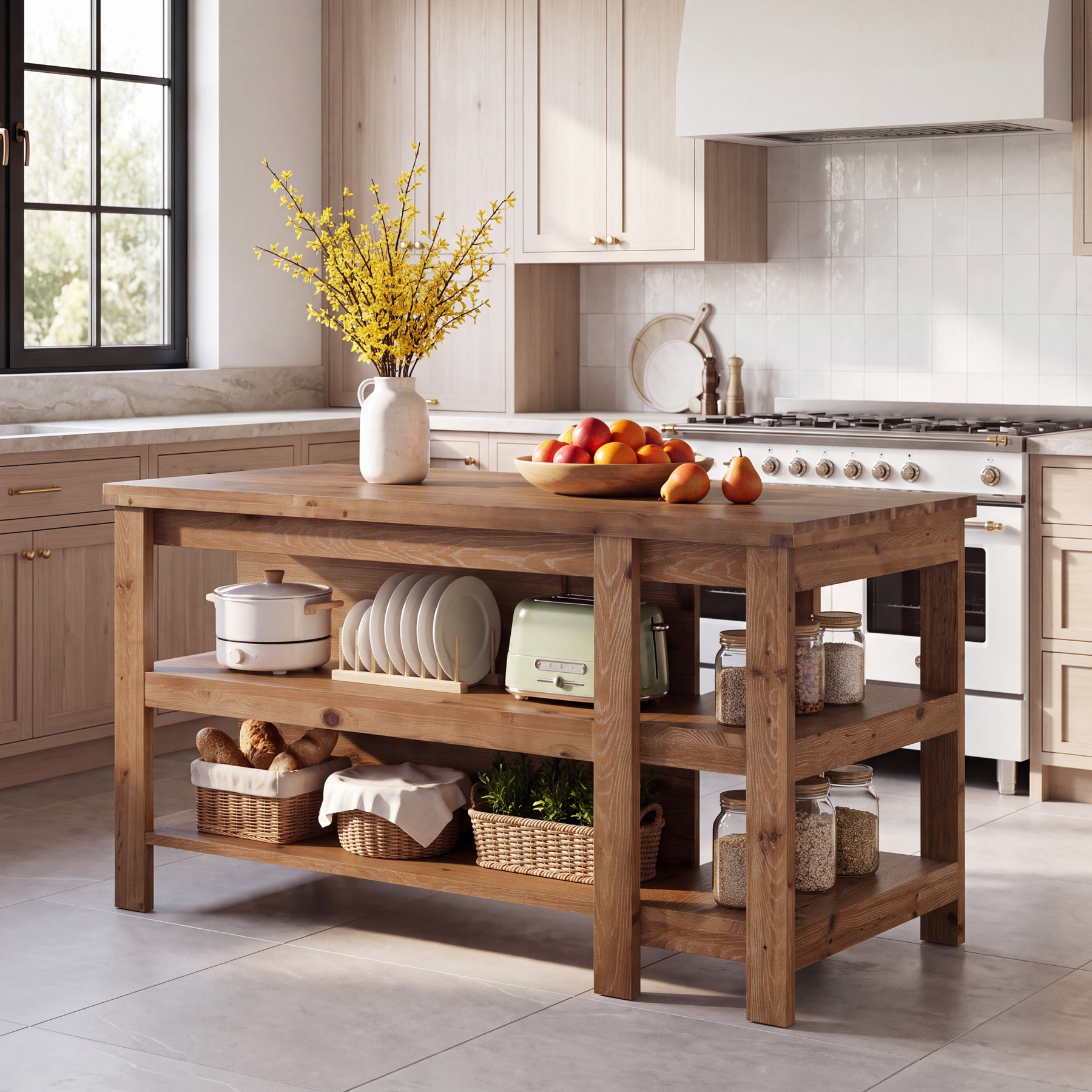 61" Farmhouse Kitchen Island with Storage, 3-Tier Solid Wood, Freestanding Dining Island Table