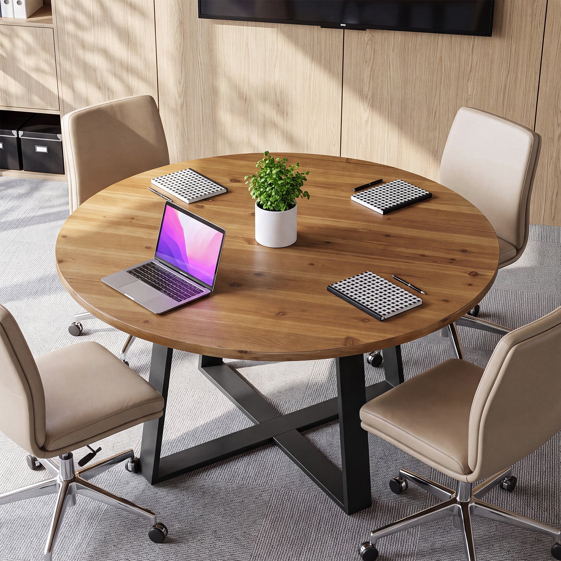 47" Round Conference Table, Solid Wood Meeting Table for Conference Room