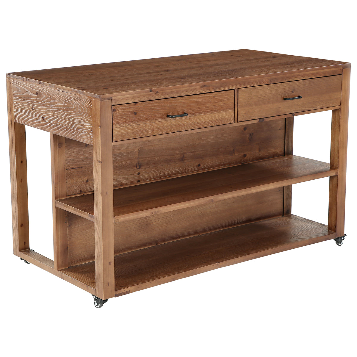 Rolling Bar Table, Solid Wood with 4 Drawers, 2-Tier Open Shelves & 4 Wheels