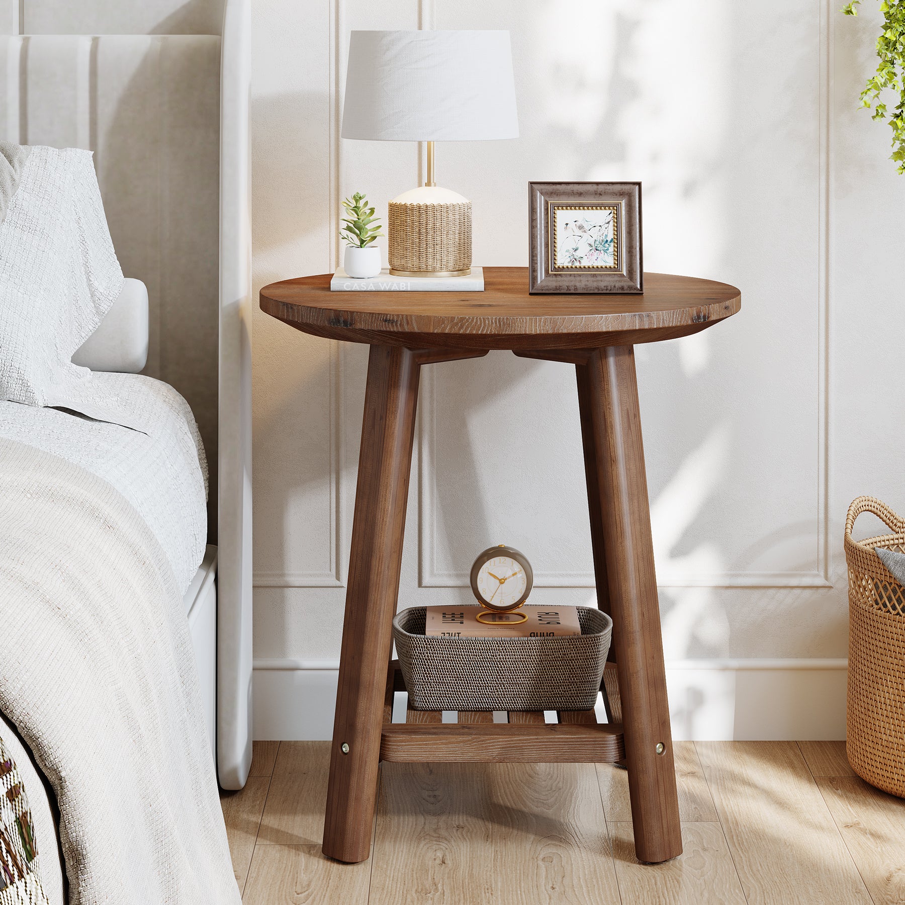 23.62" Round Solid Wood Side Table, 2-Tier Farmhouse Storage Shelf Walnut