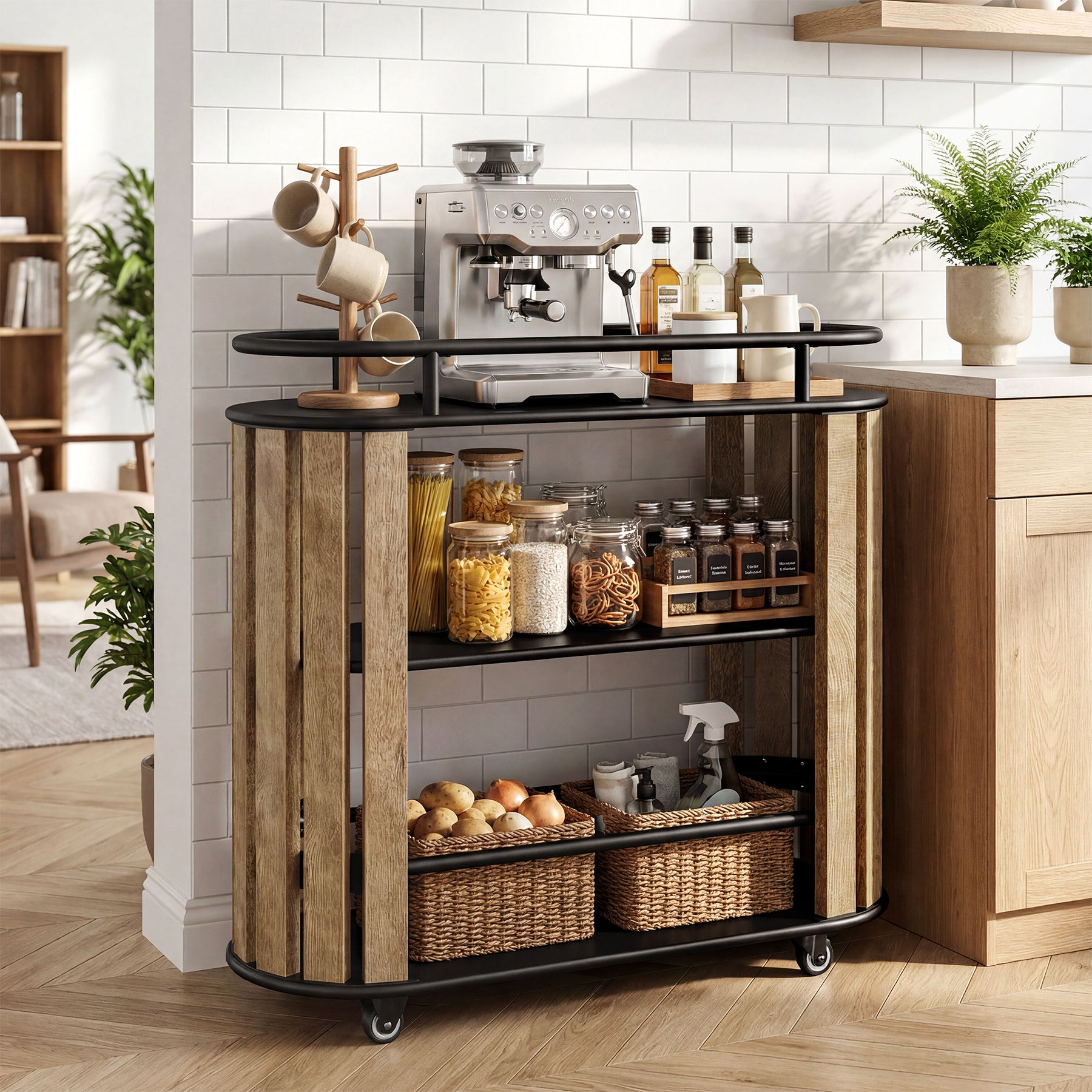Tribesigns 35.43-Inch 3-Tier Bar Cart with Wheels and Metal Frame, Industrial Rolling Serving Cart for Kitchen