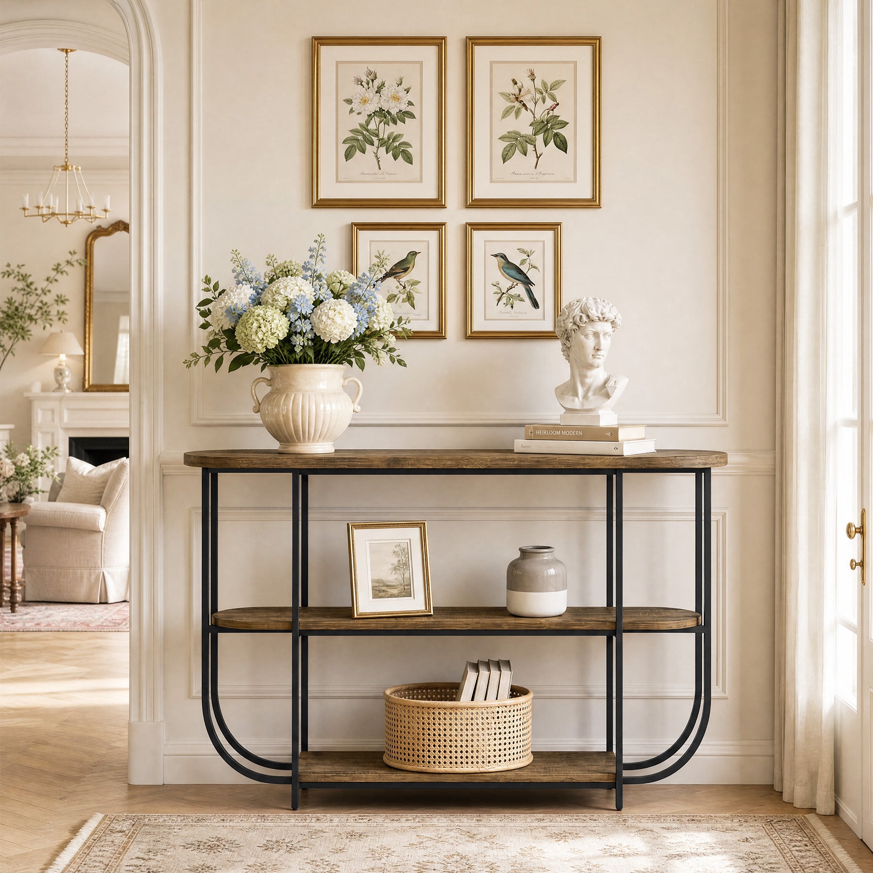 63" Console Table, 3-Tier Narrow Entryway Table with Curved Metal Frame