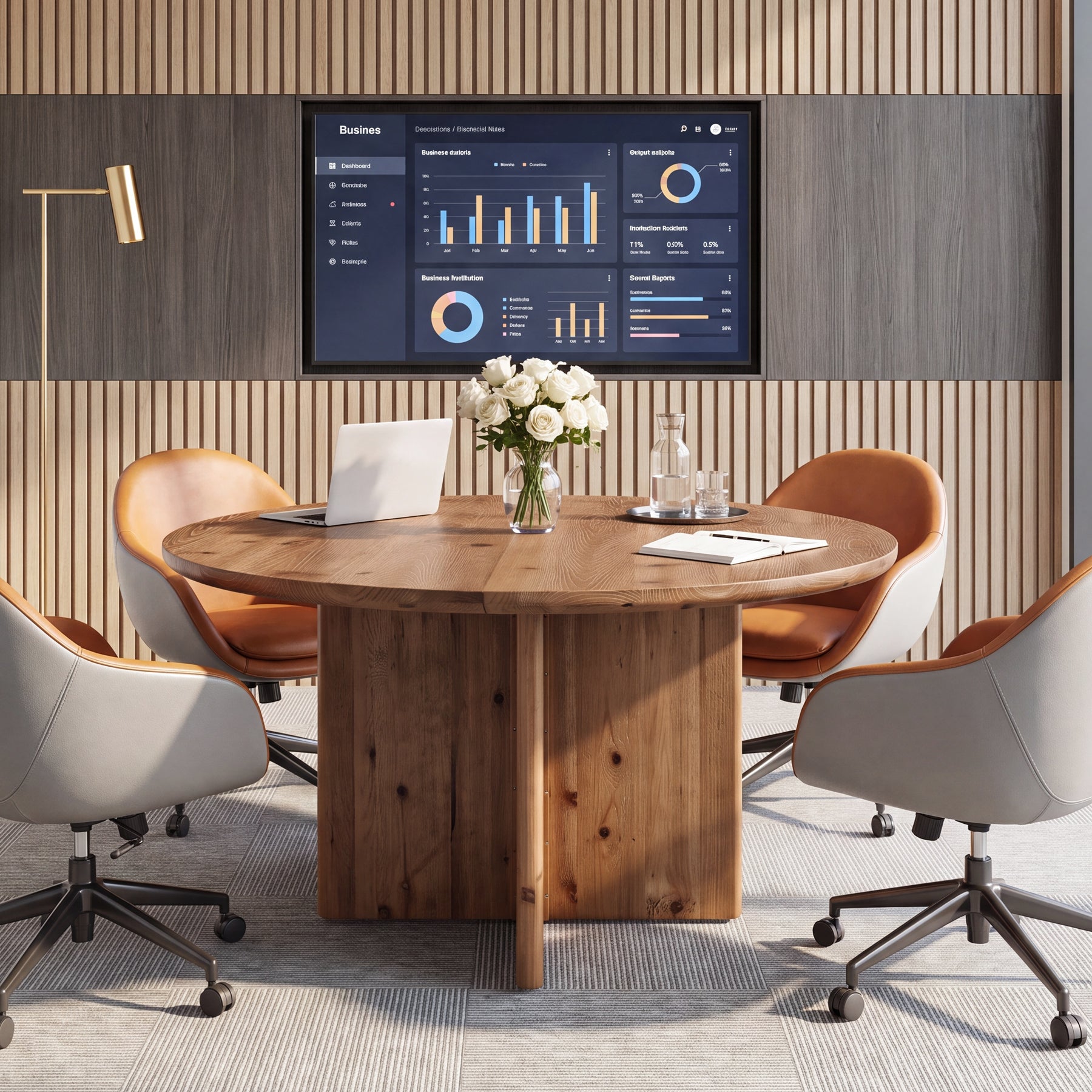 47.2" Round Conference Table, Solid Wood Office Meeting Table with Cross Pedestal Base for 4-6