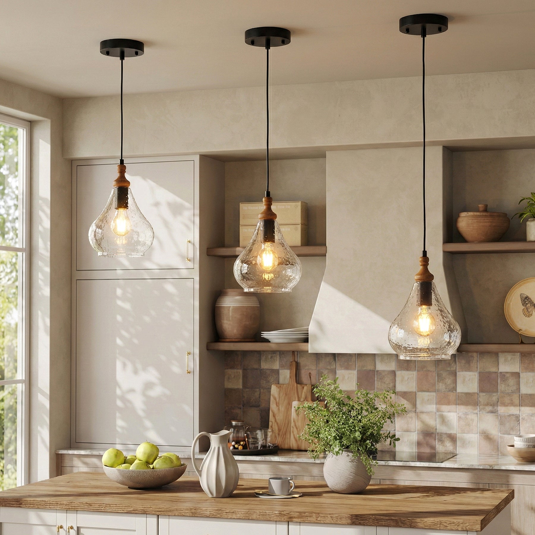 Farmhouse Teardrop Pendant Light, Adjustable Hanging Light Fixture with Seeded Glass Shade