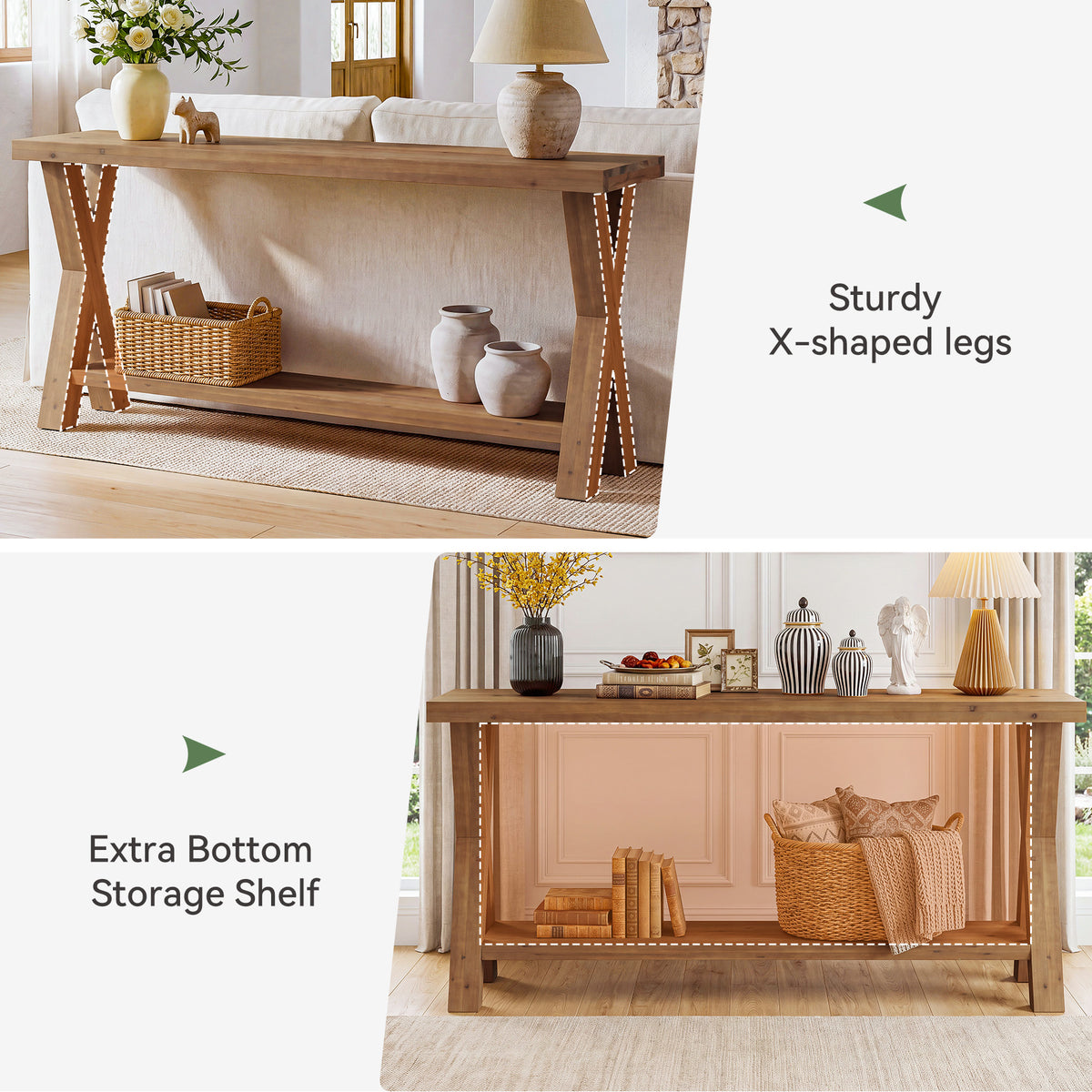 63" Solid Wood Console Table, 2-Tier Entryway Sofa Table with X-Brace Leg for Hallway