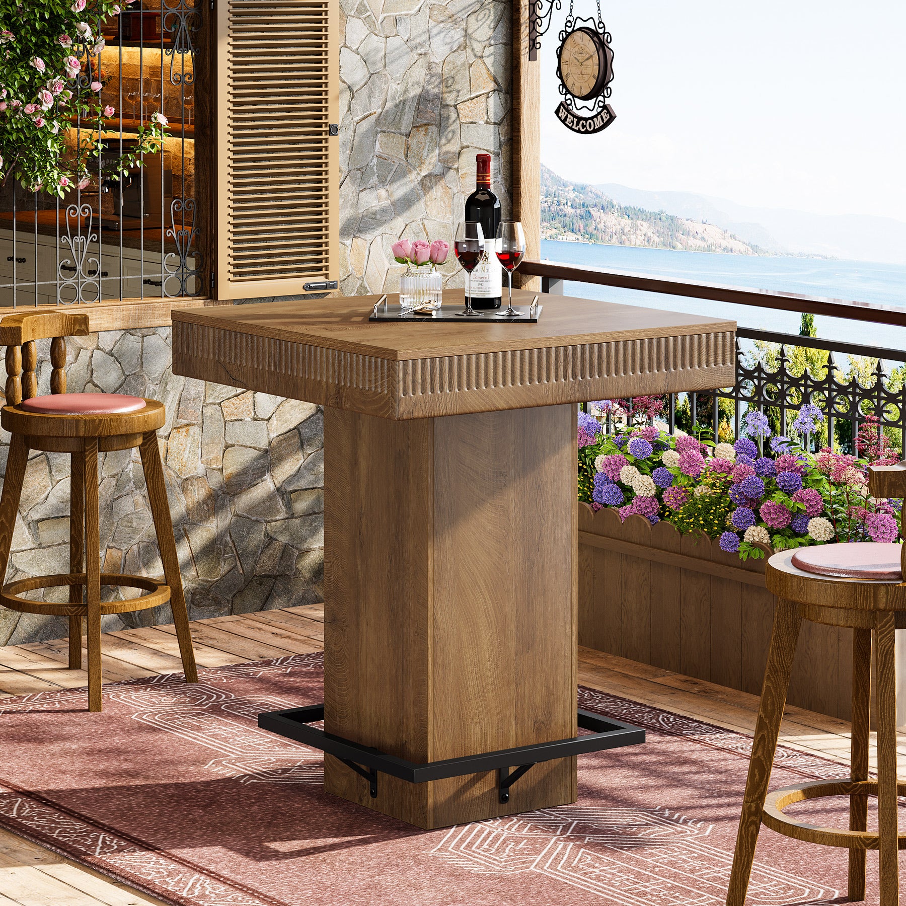 Square Bar Table, Industrial Bistro Pub Table with Metal Footrest