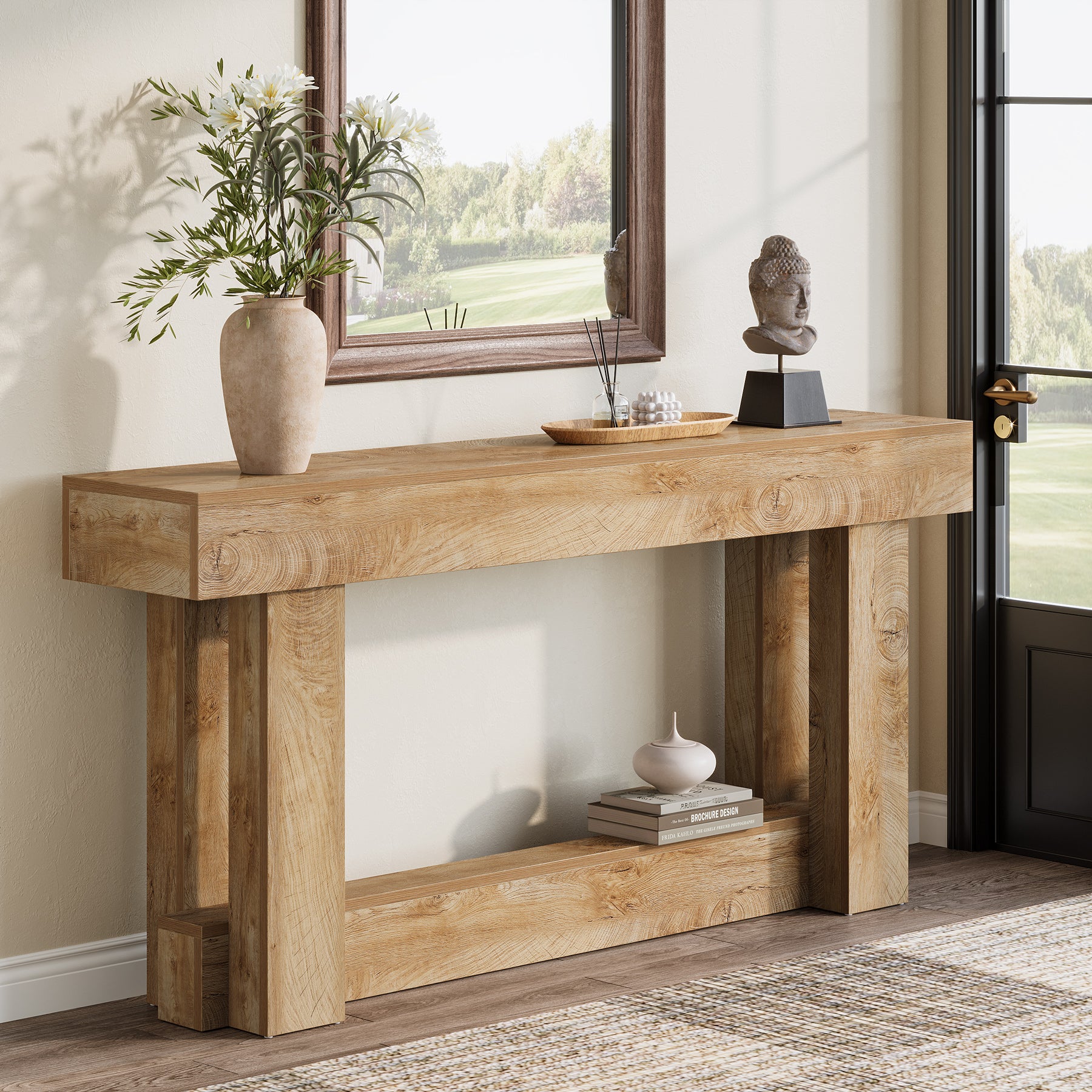 63" Wood Console Table, 2-Tier Farmhouse Entryway Table