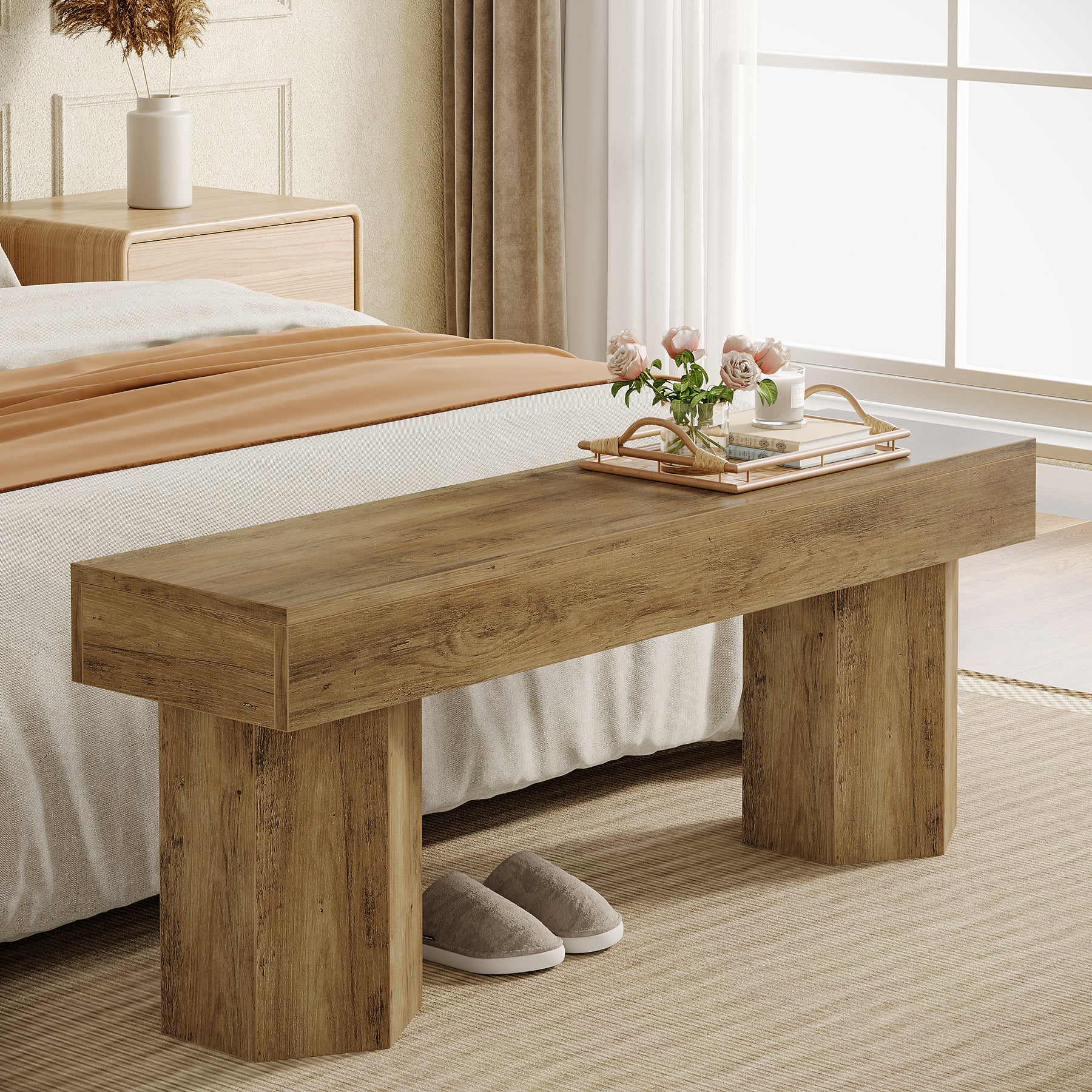 Wooden Dining Seat, 41" End of Bed Bench for Indoor Space