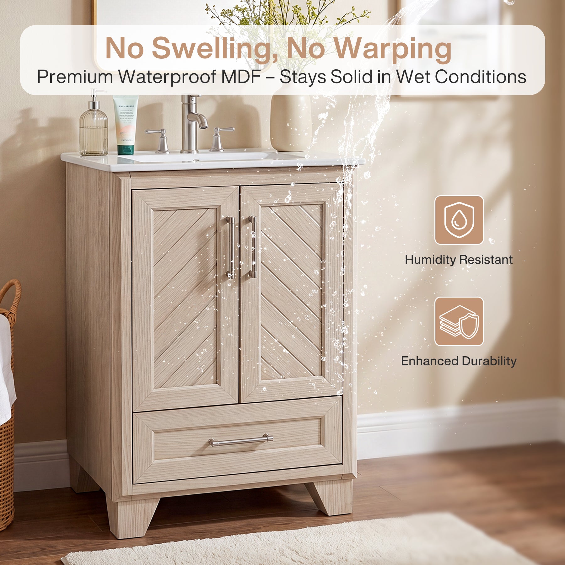 24" Bathroom Vanity, Modern Bathroom Cabinet with Sink & Carved Doors