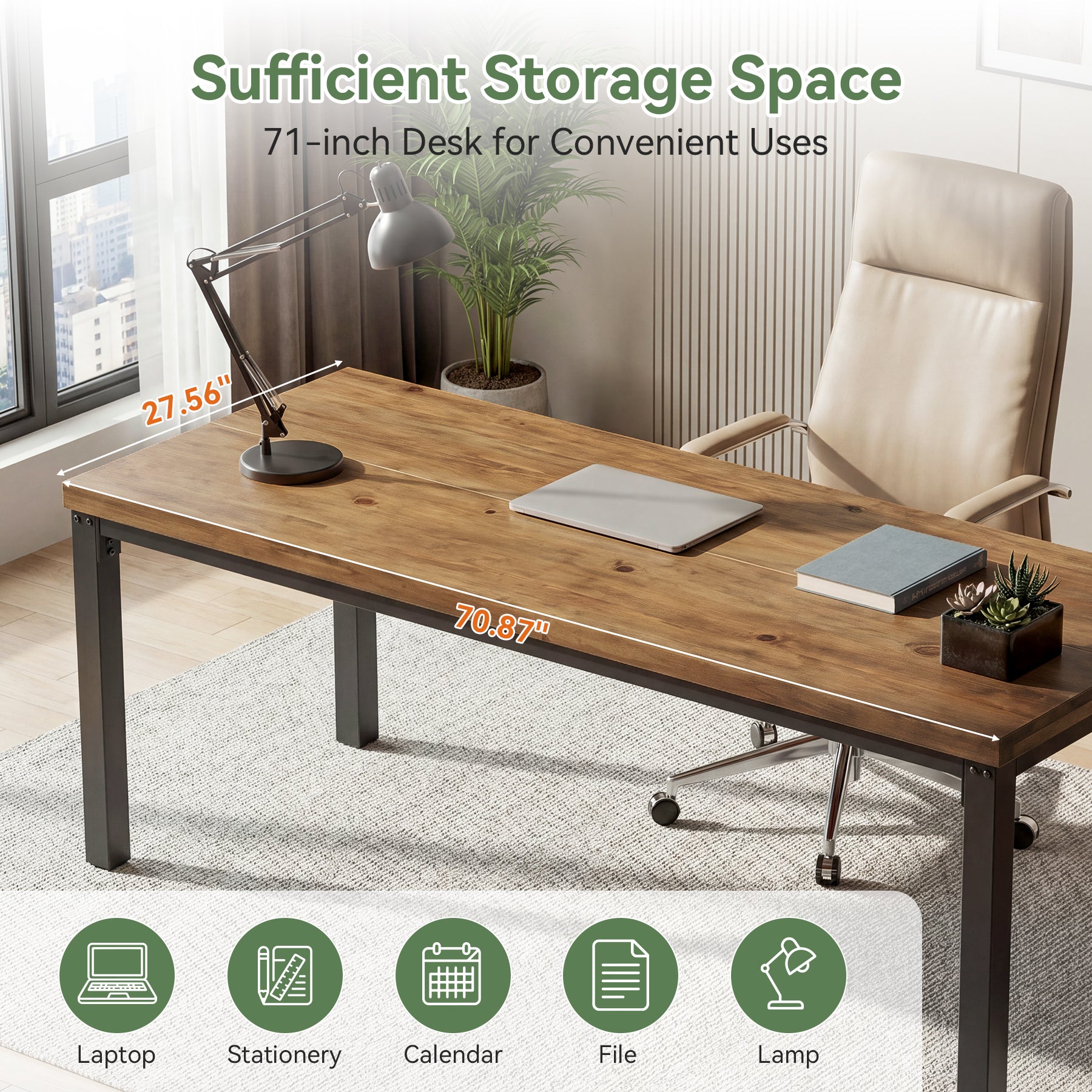 70.9" Computer Desk, Industrial Executive Office Desk with Solid Pine Wood Top