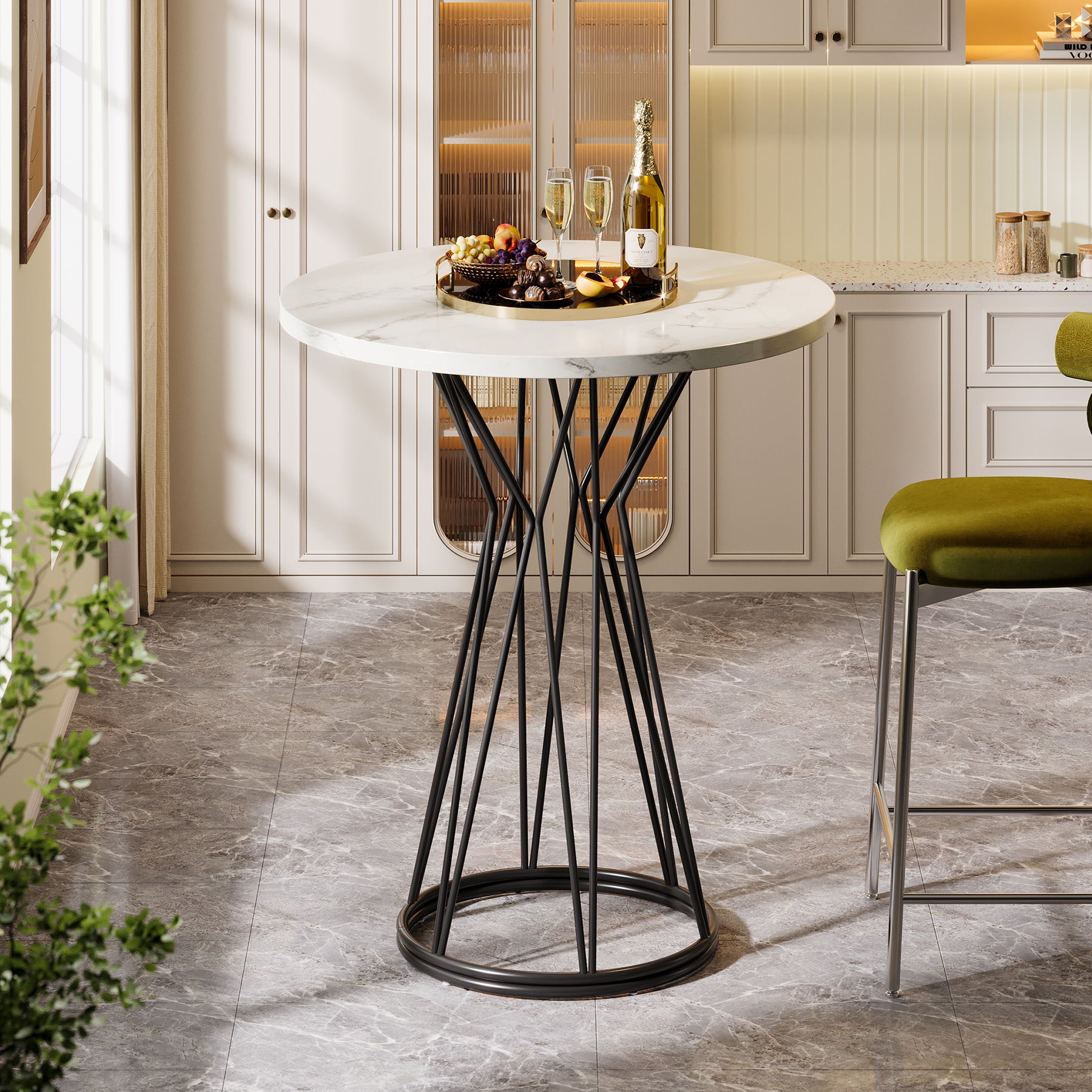 Tribesigns 35.4-Inch Round Bar Table, Faux Marble Bistro Table with Metal Base