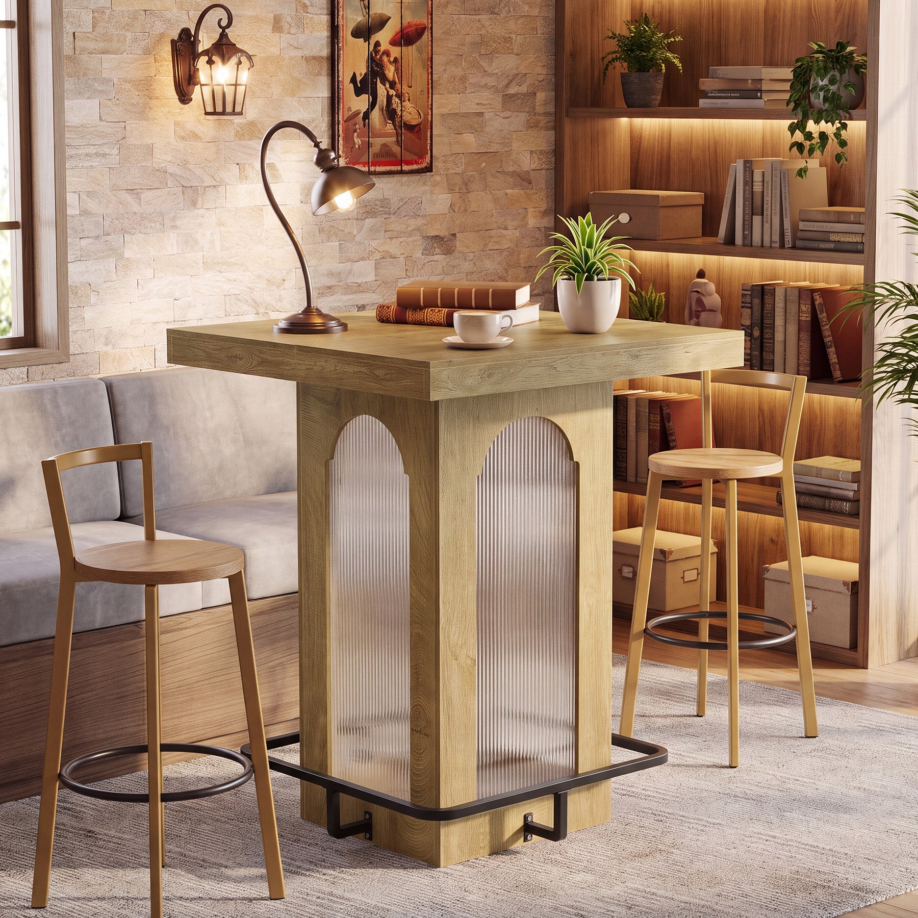 31.5" Square Bar Table, High Top Cocktail Pub Table with Led Lights for 2-4 People