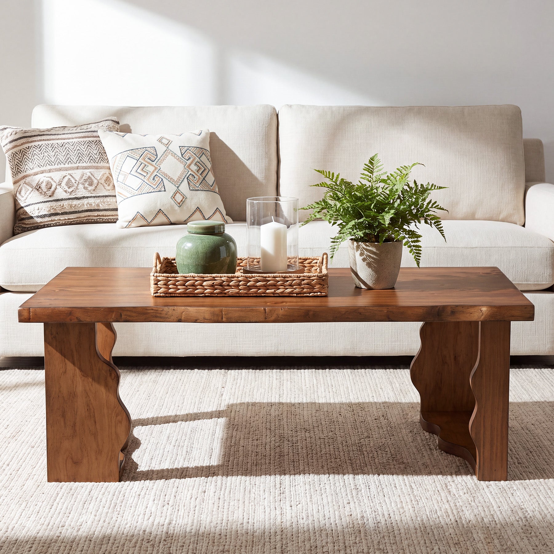 47" Solid Pine Coffee Table, Natural Edge & Cut-Out Legs, Farmhouse Rustic Wood Living Room