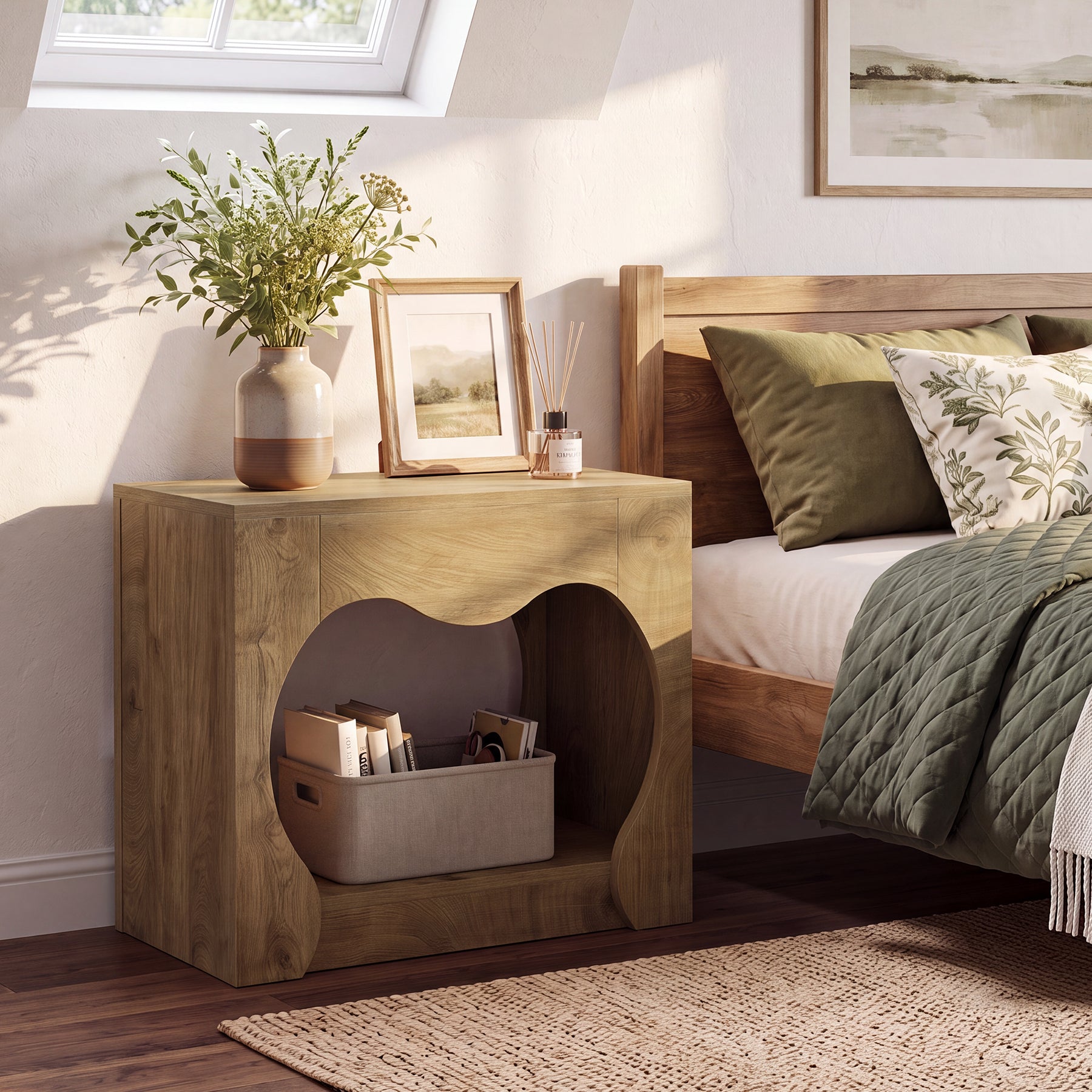 2-Tier End Table, Farmhouse Side Table with Storage Shelves, Curved Arch Cutout