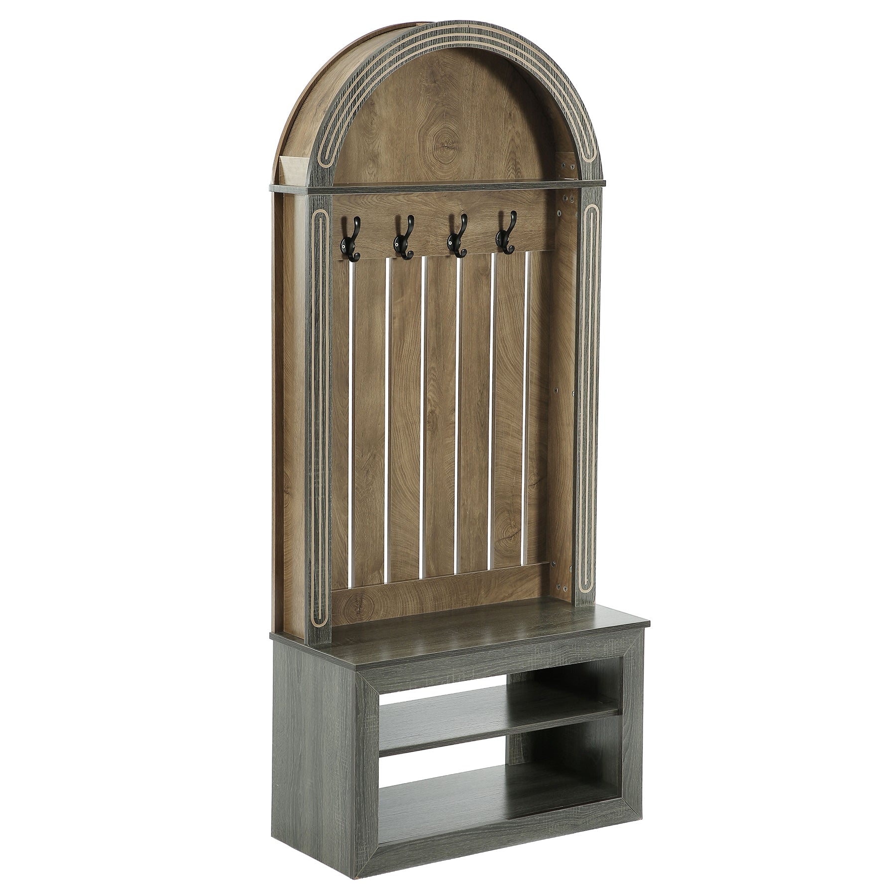 71" Hall Tree with Bench & Shoe Storage, Farmhouse Entryway Coat Rack, 4 Hooks, Open Shelf