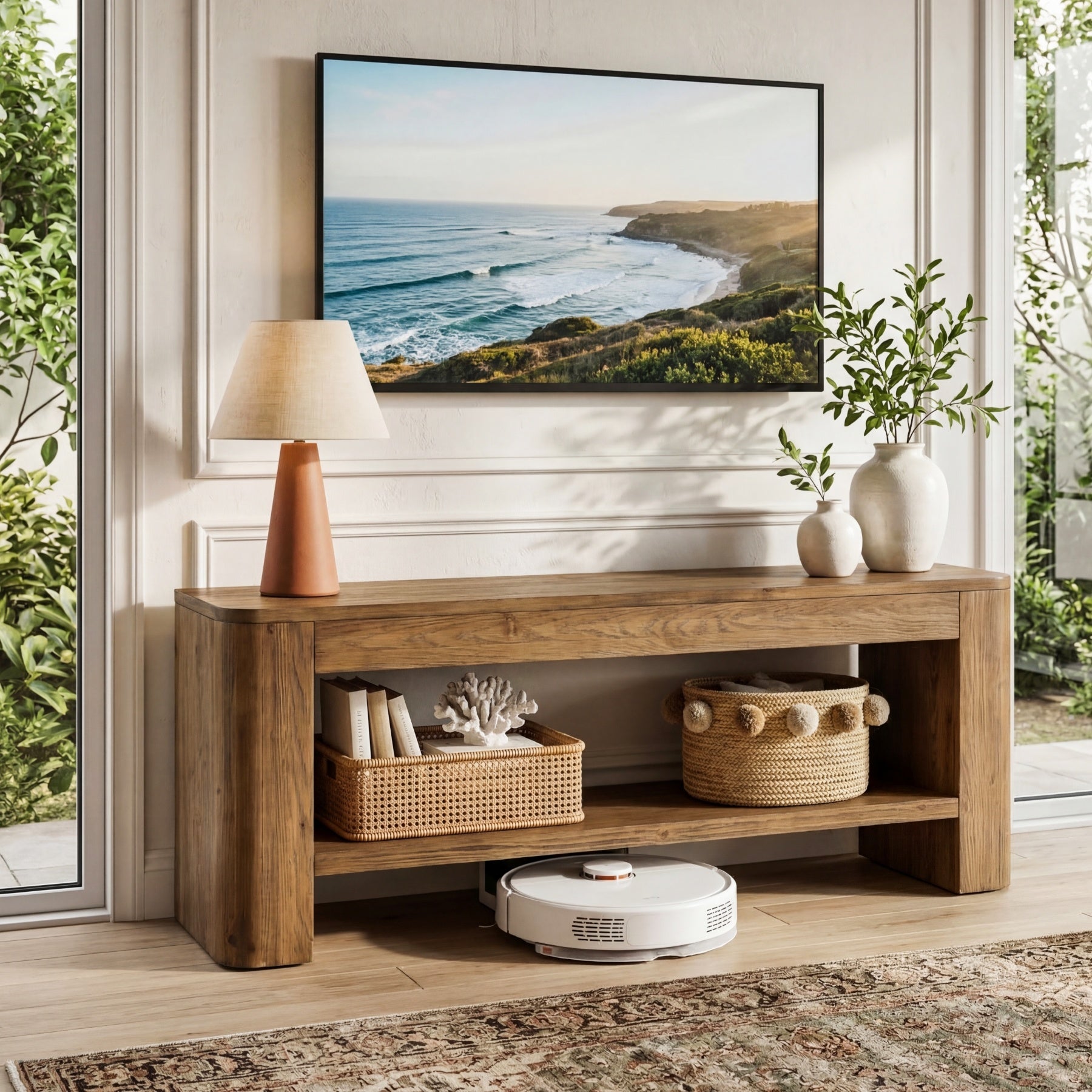 59“ Solid Wood TV Stand for 55–65 Inch TVs, Farmhouse Media Console with Open Shelves for Living Room or Bedroom