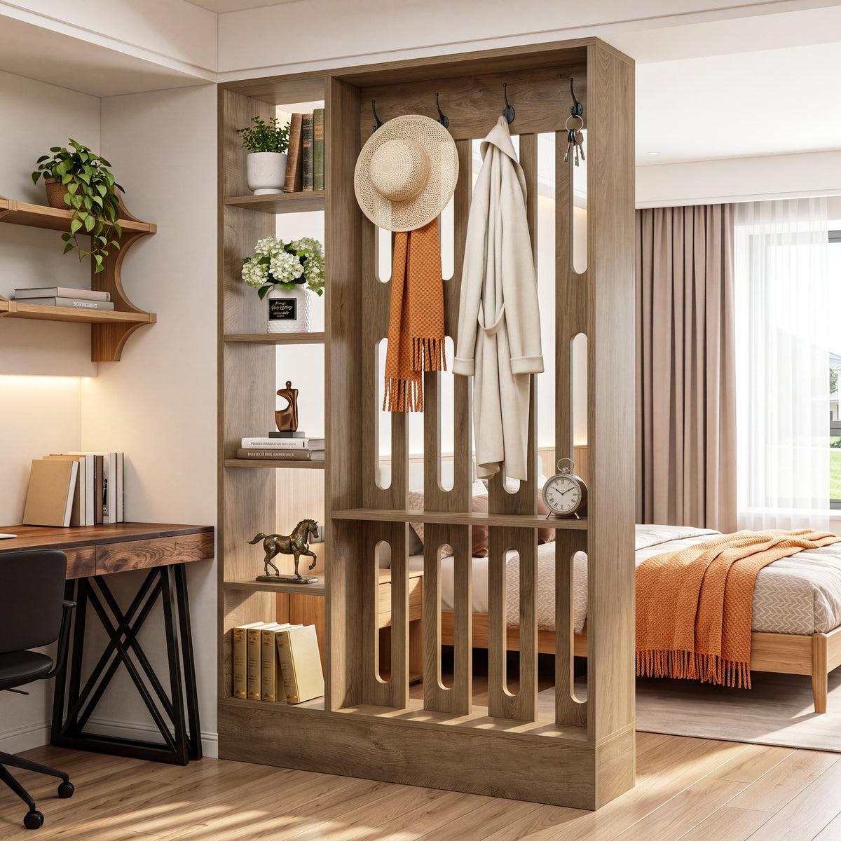 71" Room Divider with Shelves, 5-Cube & 4 Hooks, Freestanding Modern Wall Partition