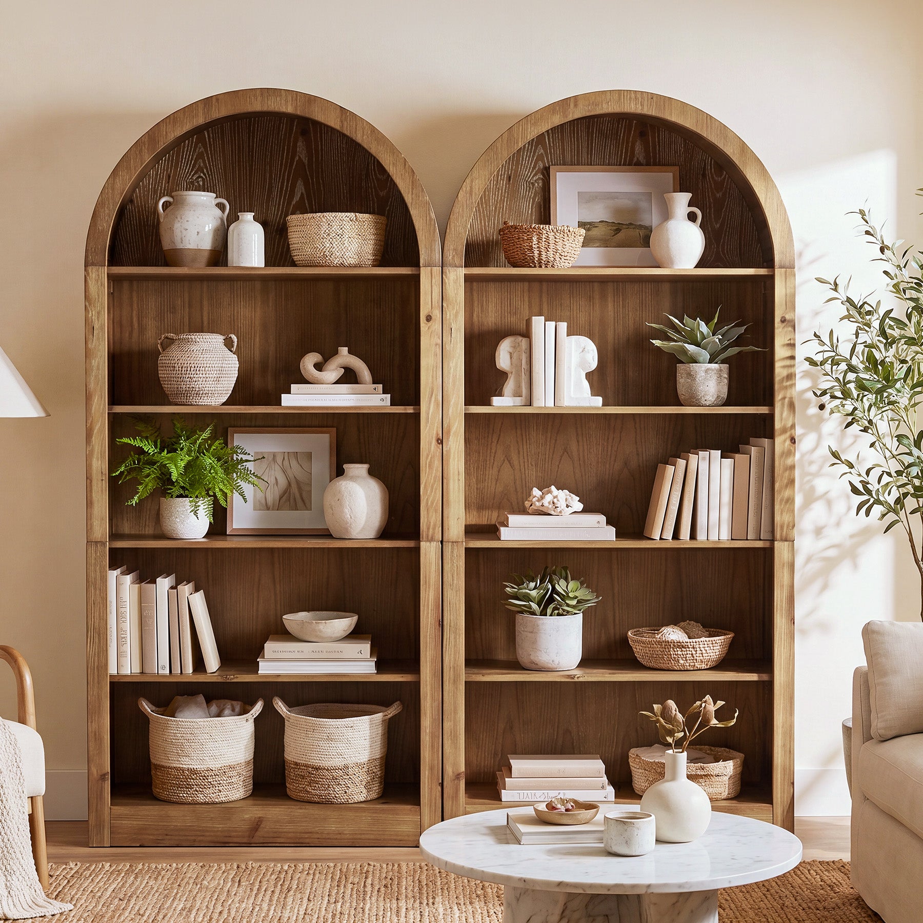 70.8" Solid Wood Tall Bookcase , 5-Tier Arched Bookshelf Open Display Etagere