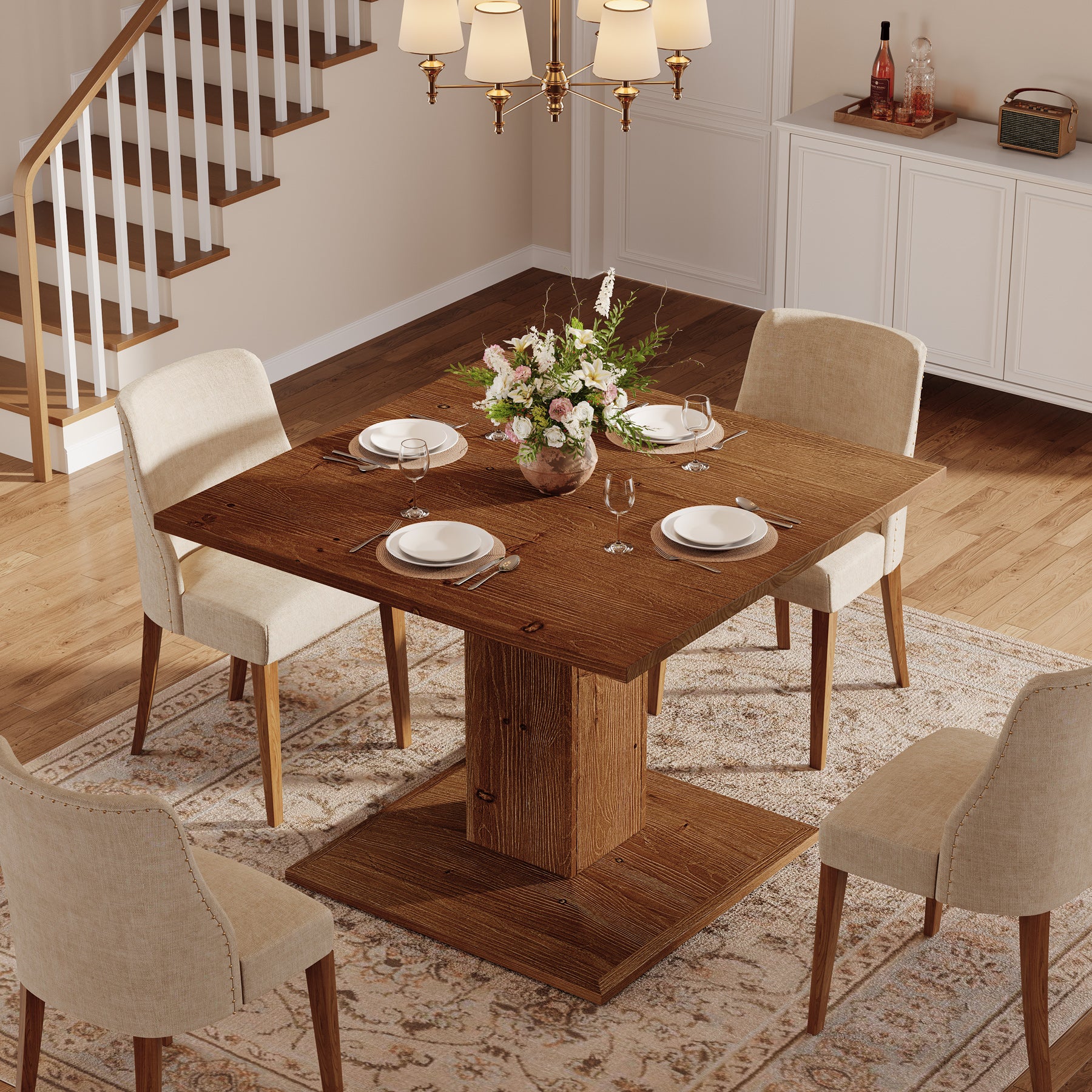 Solid Wood Square Dining Table for 4, 31.5" Kitchen Table with Pedestal Base