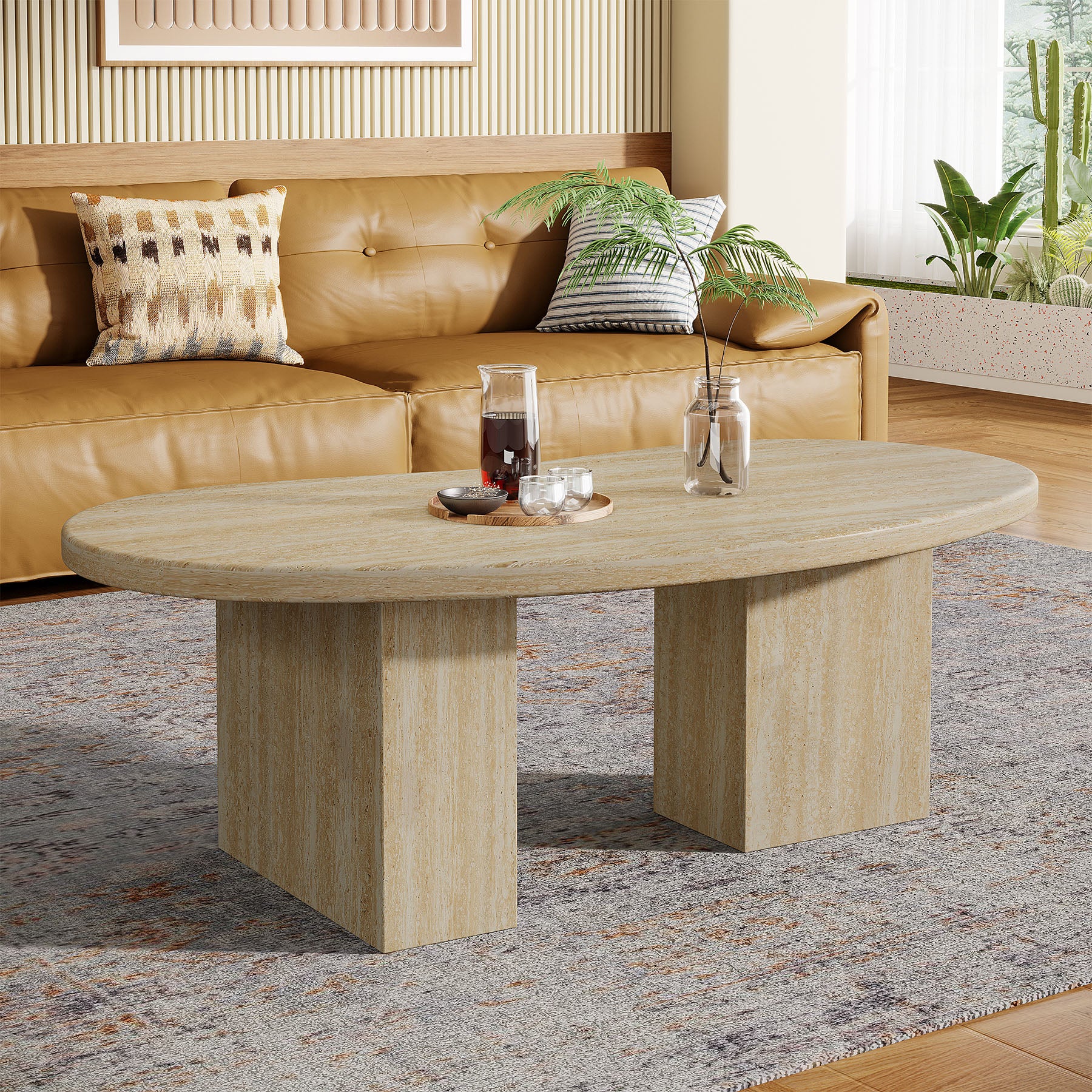 Oval Coffee Table, 45.27" Center Cocktail Table with Asymmetric Pedestal