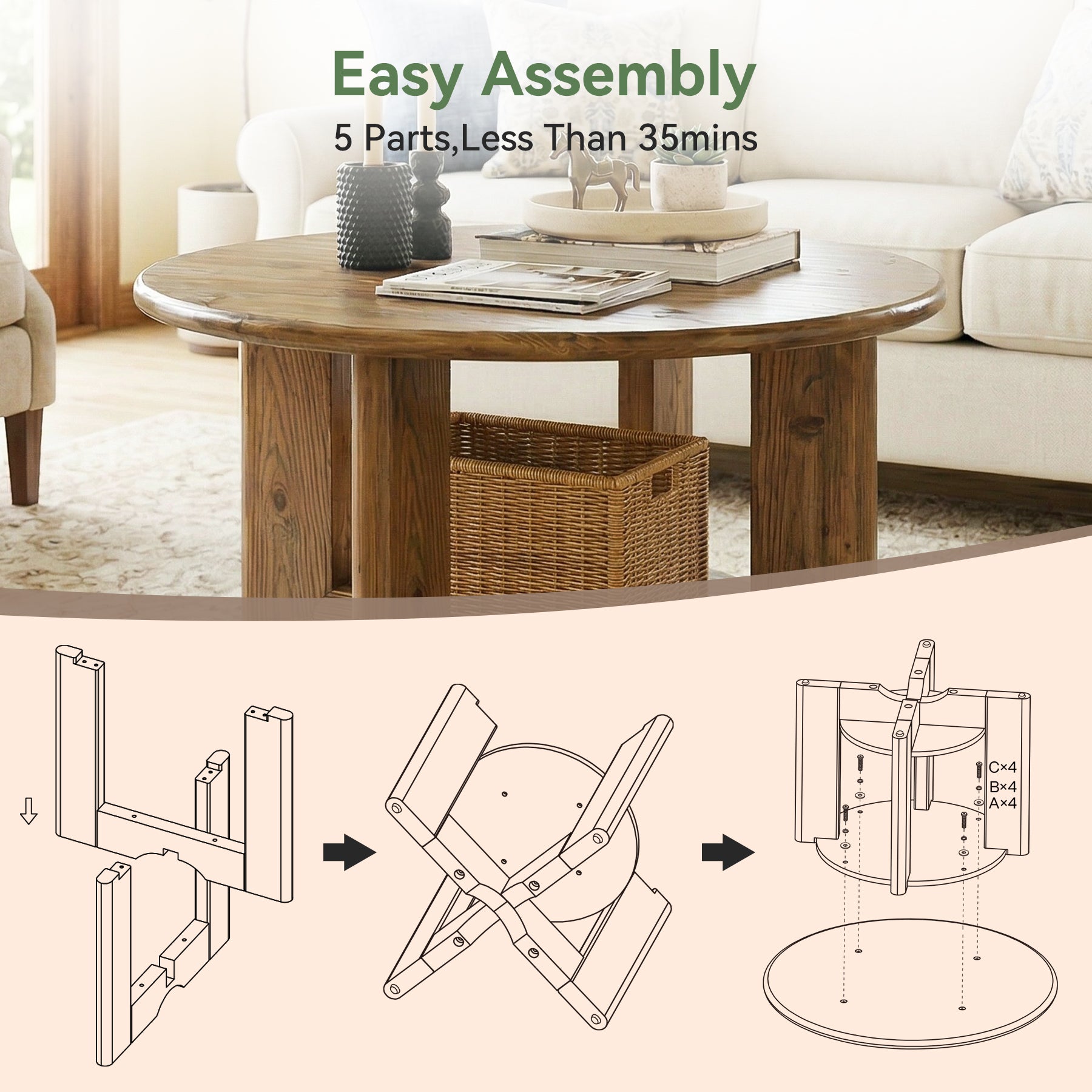 Solid Wood Round Coffee Table, 2-Tier Accent Center Table with Storage