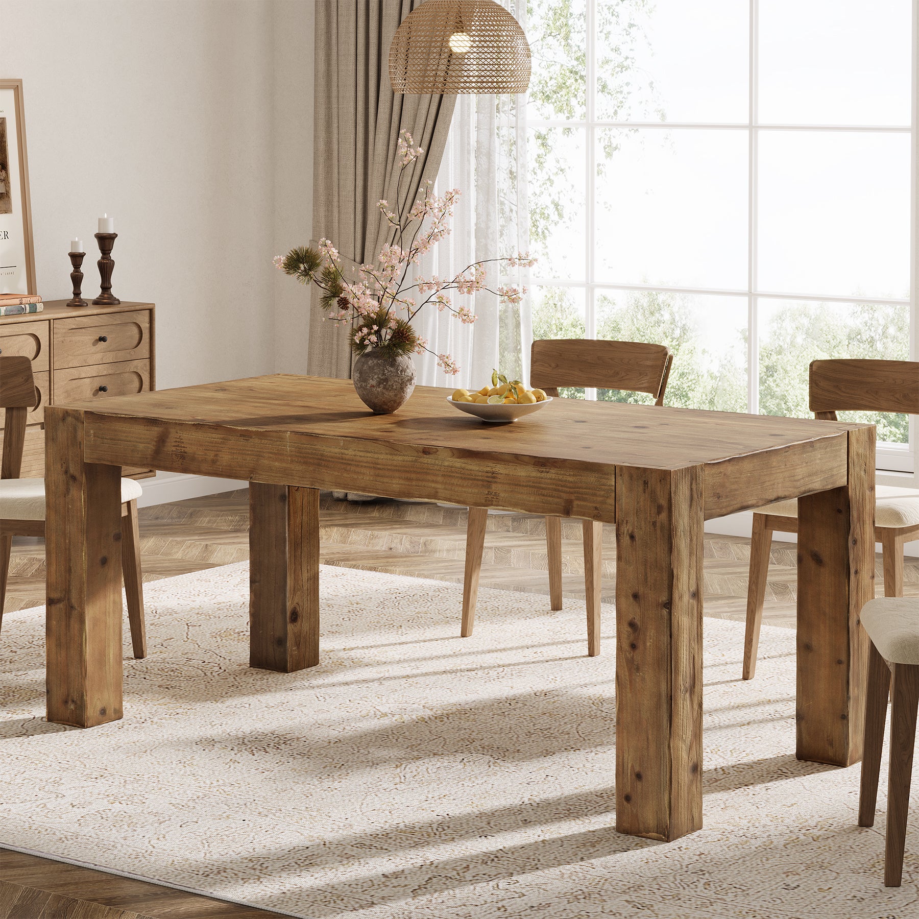 63" Dining Table, Solid Wood Dinner Kitchen Table For 4 To 6