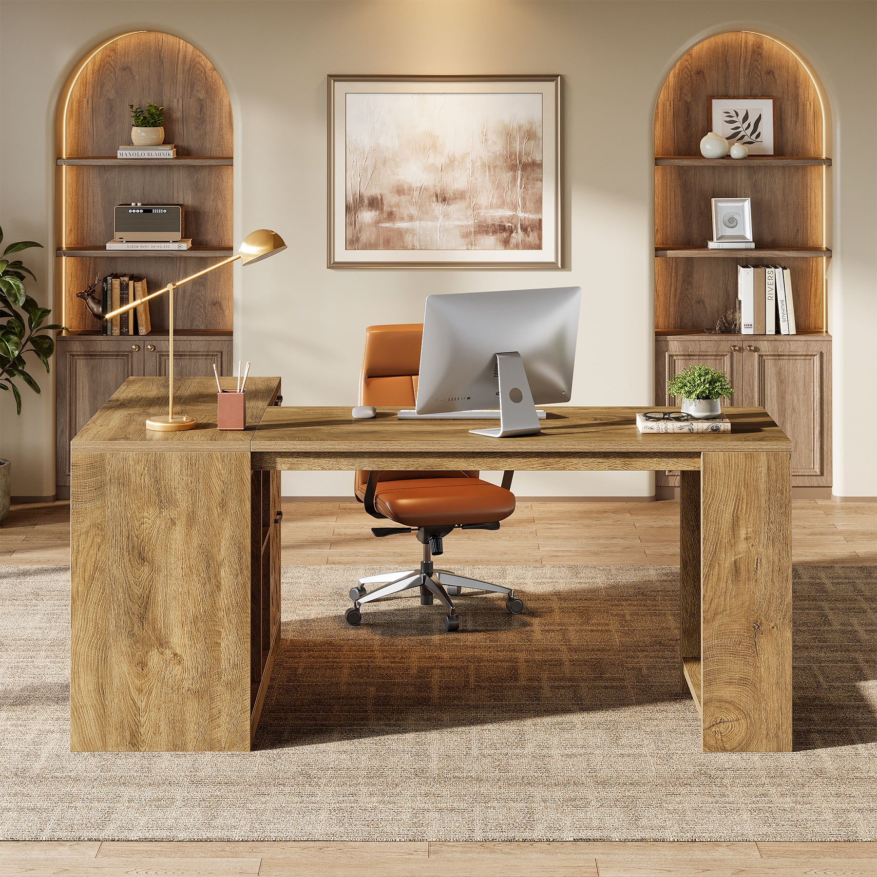 L-Shaped Executive Desk,  63" Office Desk with File Cabinets and Shelves