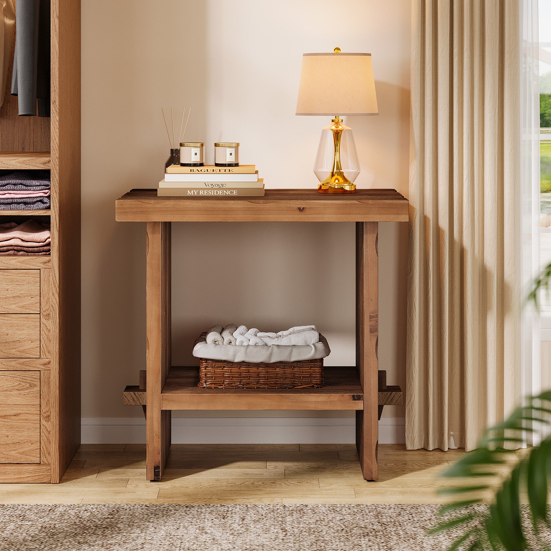 23.62-Inch Solid Wood Nightstand with Storage, Farmhouse Bedside Table with Wooden Base for Bedroom