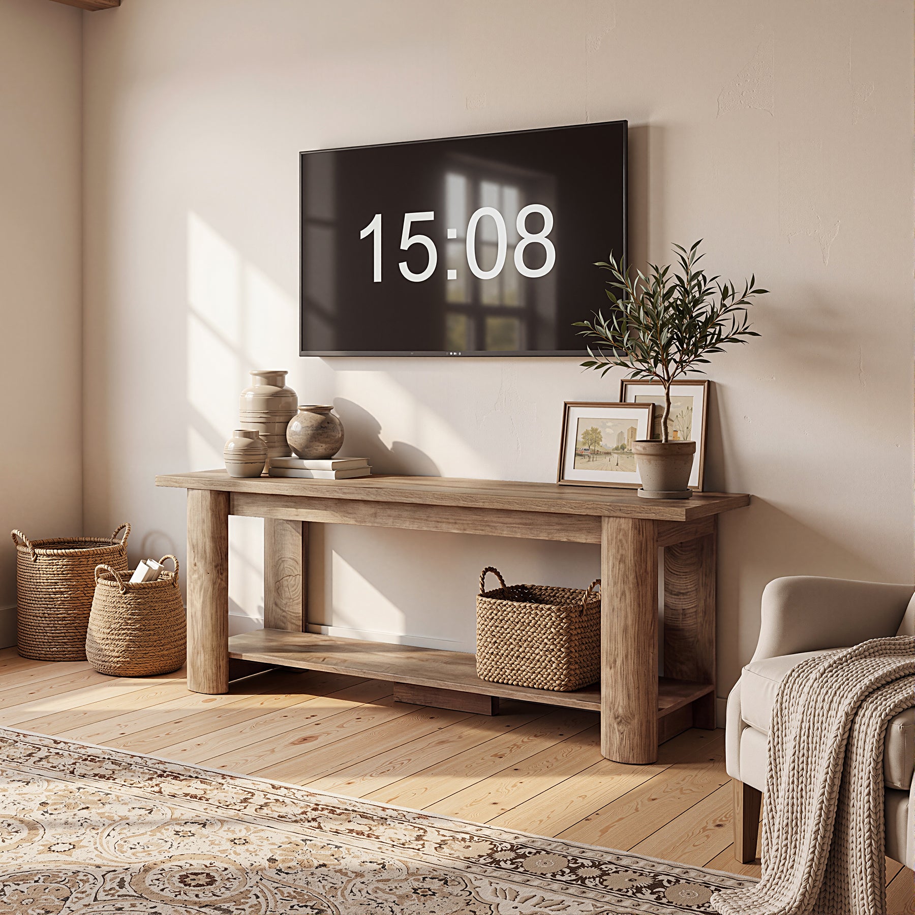 Farmhouse TV Stand for up to 65" TVs, Rustic Entertainment Center with 2-Tier Open Storage