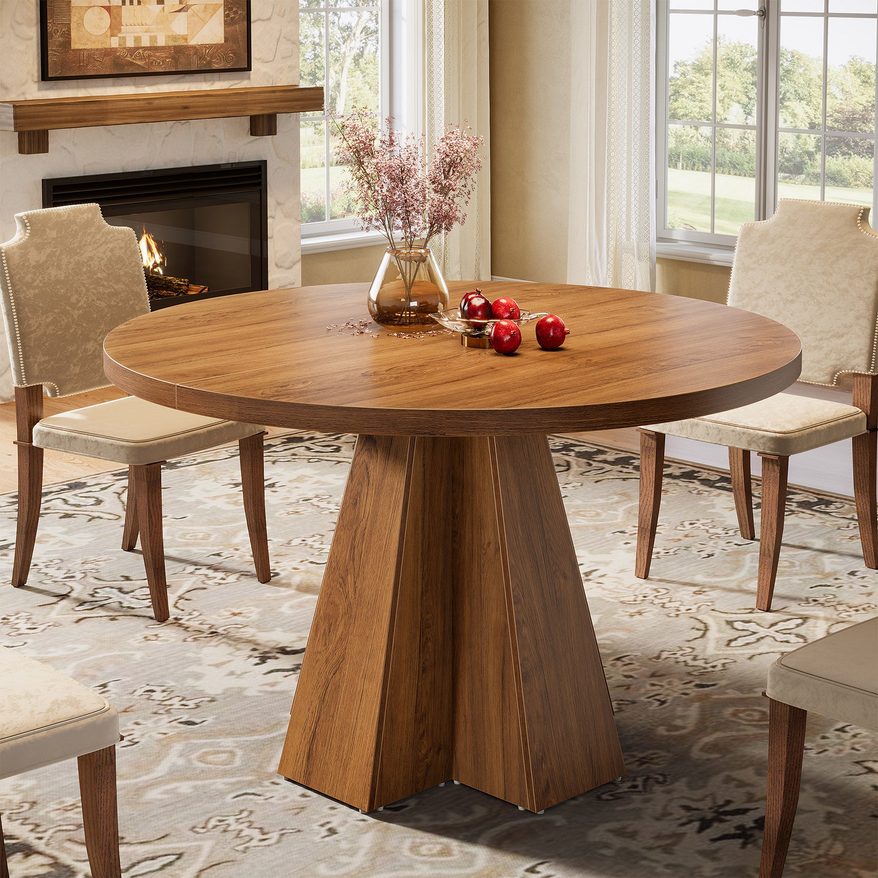 Round Dining Table for 4, Circle Kitchen Table with Pedestal Base