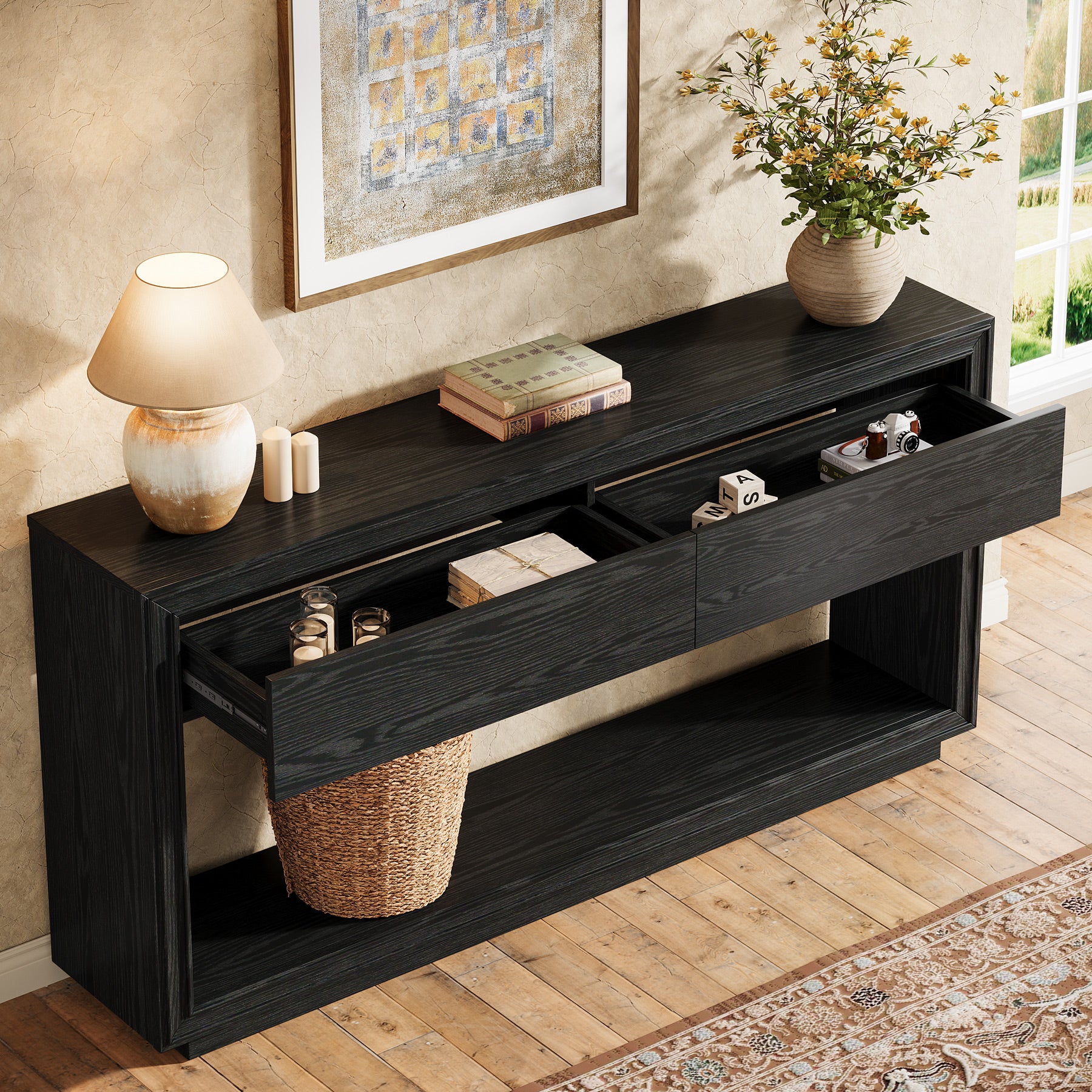 63" Farmhouse Console Table with 2 Drawers and Shelf, Wooden Entryway Sofa Table for Hallway, Foyer, or Behind Couch